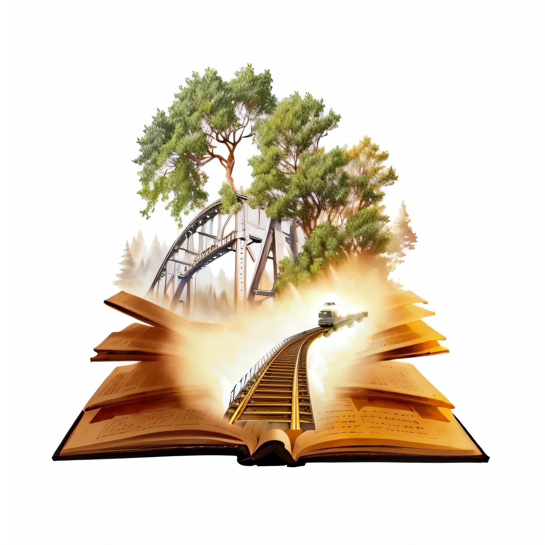 a close up of a livro with a bridge and trees on it, livro illustration, romance ilustrado, artistic representation, storylivro art, detailed livro illustration, encyclopedia illustration, illustration, arte ilustrativa, illustration, illustration, livro, story livro design, artistic illustration, autor, illustration, story livro, story livro illustration, Imagem, A DIESEL LOCOMOTIVE FROM THE 90'S ON THE RAILS FROM THE MIDDLE OF THE BOOK .