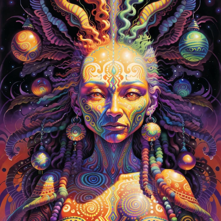 a close up of a painting of a shamanic woman, Yanomami Indigenous, indigenous brazilian, arte psytrance, psytrance, Dan Mumford e Alex Grey Estilo, psychedelic dmt, psychedelic organic shaman, while tripping on dmt, epic shamanic dmt art, cores dmt, psychedelic cosmic horror, psychedelic shaman, Arte Trippy, Entidade DMT, extremely psychedelic experience