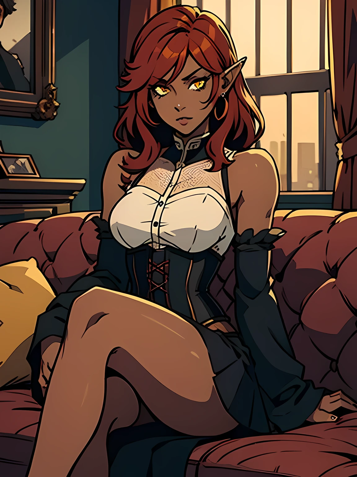 beautiful girl, very cute, sitting on the sofa, medium breasts, red hair, yellow eyes, detailed eyes, symmetrical pupils, pointed ears, corset, ((dark skin)), muscular, short skirt, long sleeves, detached sleeves, exposed shoulders 