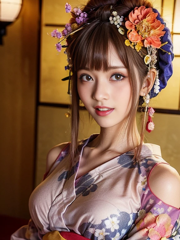 (one young girl), very cute face, wonderful face and eyes, (highly detailed eyes, highly detailed face), Fresh, very beautiful appearance, (Ultra-realistic, High resolution), (highest quality:1.4), RAW photo, (realistic, Photoreal:1.37), professional photography, (floral pattern yukata:1.5), (Open yukata), (cleavage:1.2), (bare shoulders), smile a little, (look at me), Bedroom, girl portrait,