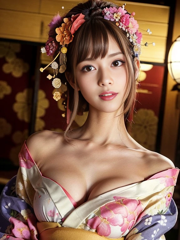 (one young girl), very cute face, wonderful face and eyes, (highly detailed eyes, highly detailed face), Fresh, very beautiful appearance, (Ultra-realistic, High resolution), (highest quality:1.4), RAW photo, (realistic, Photoreal:1.37), professional photography, (floral pattern yukata:1.5), (Open yukata), (cleavage:1.2), (bare shoulders), smile a little, (look at me), Bedroom, girl portrait,