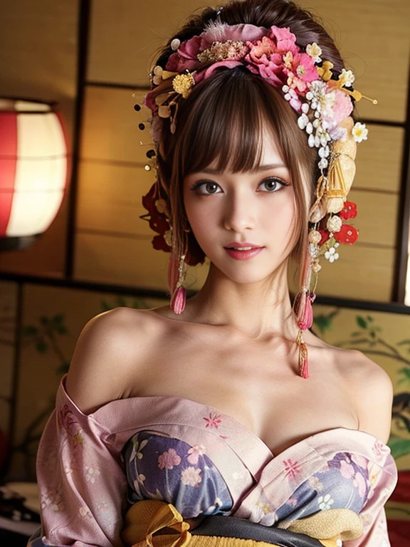 (one young girl), very cute face, wonderful face and eyes, (highly detailed eyes, highly detailed face), Fresh, very beautiful appearance, (Ultra-realistic, High resolution), (highest quality:1.4), RAW photo, (realistic, Photoreal:1.37), professional photography, (floral pattern yukata:1.5), (Open yukata), (cleavage:1.2), (bare shoulders), smile a little, (look at me), Bedroom, girl portrait,