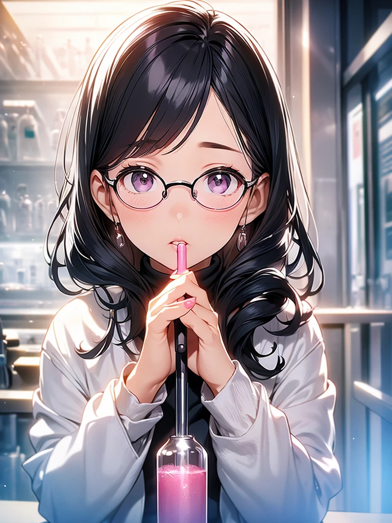 Intelligent woman、Black Hair、White skin、Pink lips、Wear a white coat over a black turtleneck sweater、round rim glasses、White rubber gloves、Institute of Chemistry、Test tube、beaker、microscope、flask