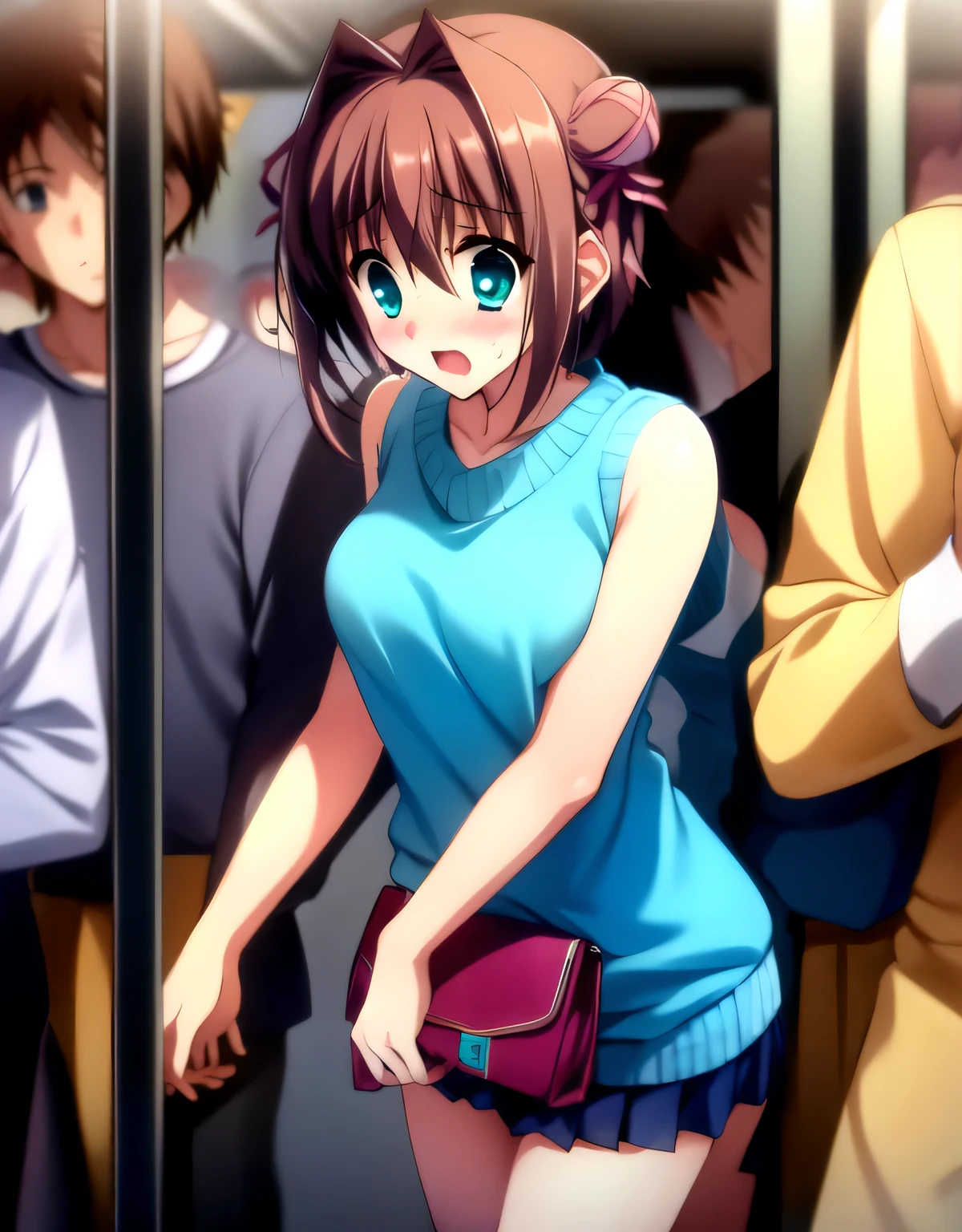 asakura_yume,Brown Hair,Medium Chest,Aqua Eye,White skin,breast enhancement,((Are standing)),((surprise)),((Embarrassment)),((sorrow)),((Sleeveless_sweater)),mini skirt,(((crowded train))),((Multiple men)),nsfw,((Multiple molesters)),(((((Yume Asakura_A molester grabs my breasts))))),((No bra)),Nipples,