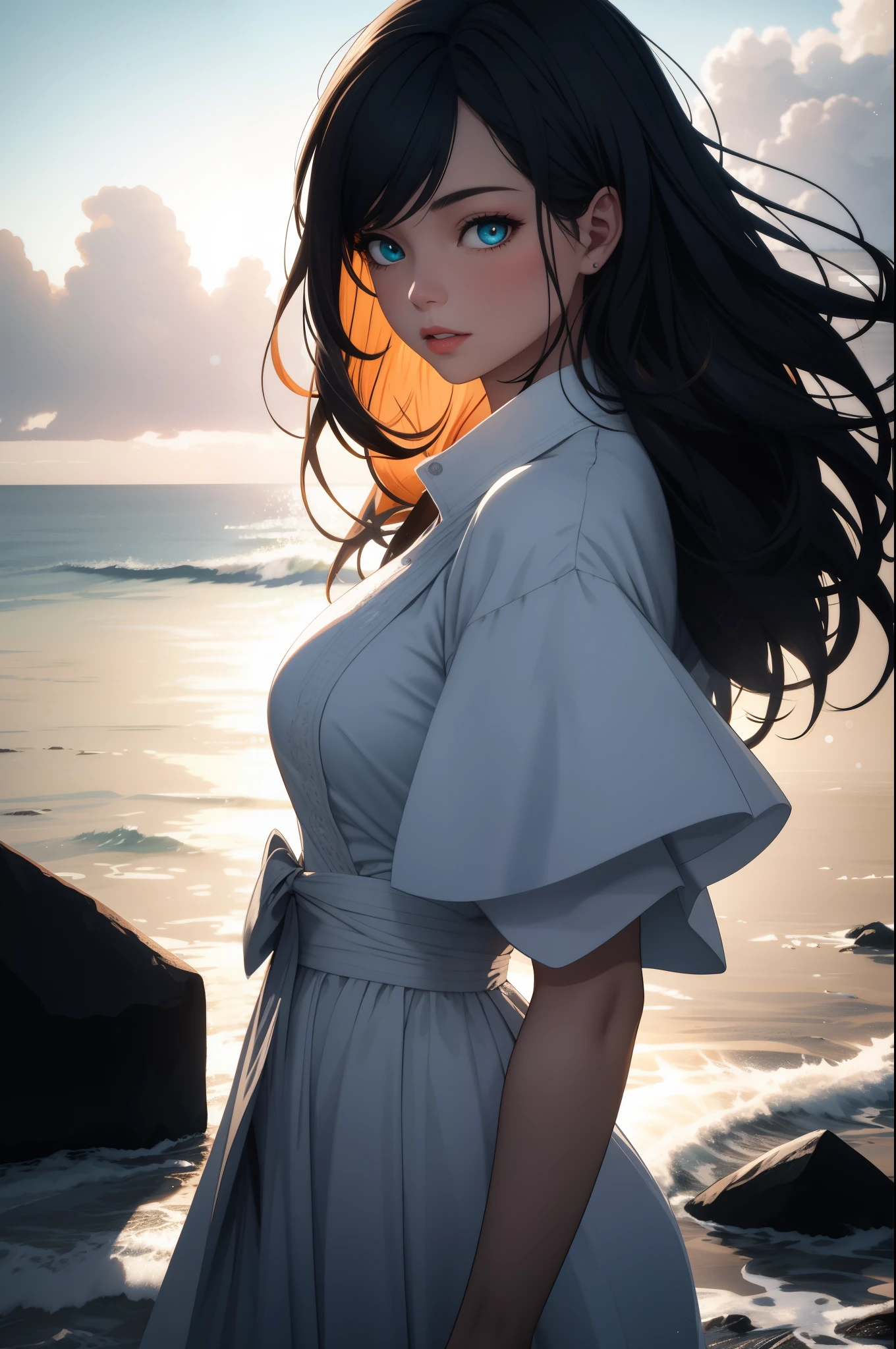 A girl standing on a rocky cliff overlooking the magnificent Blue Coast. The girl has beautiful detailed eyes, delicate eyebrows, a straight nose, and a pair of plump and rosy lips. She stands confidently with her arms akimbo, capturing the breathtaking view of the sparkling turquoise sea. The wind gently blows through her loose, flowing hair, giving the scene a sense of movement and freedom. The Blue Coast is depicted with a realistic, photorealistic style, showcasing every detail of the shimmering water, rugged cliffs, and sandy beaches. The colors are vivid and vibrant, with shades of blue dominating the palette, symbolizing the tranquility and depth of the ocean. The sunlight casts a warm and golden glow on the landscape, creating a visual spectacle. The girl is dressed in a flowing white dress, which contrasts beautifully with the blue tones of the sea. Her dress billows in the wind, adding a dynamic element to the composition. The entire scene is bathed in soft, natural lighting, accentuating the textures and depth of the cliffs and sea. To ensure the best quality and ultra-detailed output, please use (best quality, highres, masterpiece), ultra-detailed, (realistic, photorealistic, photo-realistic) tags. The image should have sharp focus and exhibit physically-based rendering. The colors should be vivid and the lighting should be carefully crafted to enhance the overall composition. Overall, the prompt should capture the serene beauty and awe-inspiring nature of the Blue Coast, delivering a breathtaking and immersive visual experience,Depth of field, high contrast, intricate details, volumetric lighting, (dynamic composition:1.2), highly detailed, colorful details, iridescent colors, (glowing lighting, atmospheric lighting), dreamy, magical, solo, lens flare, (colorful), Cinematic light, high-res, sharp focus, heterochromia, smooth, colorful light, particles, galaxy colors schemes,