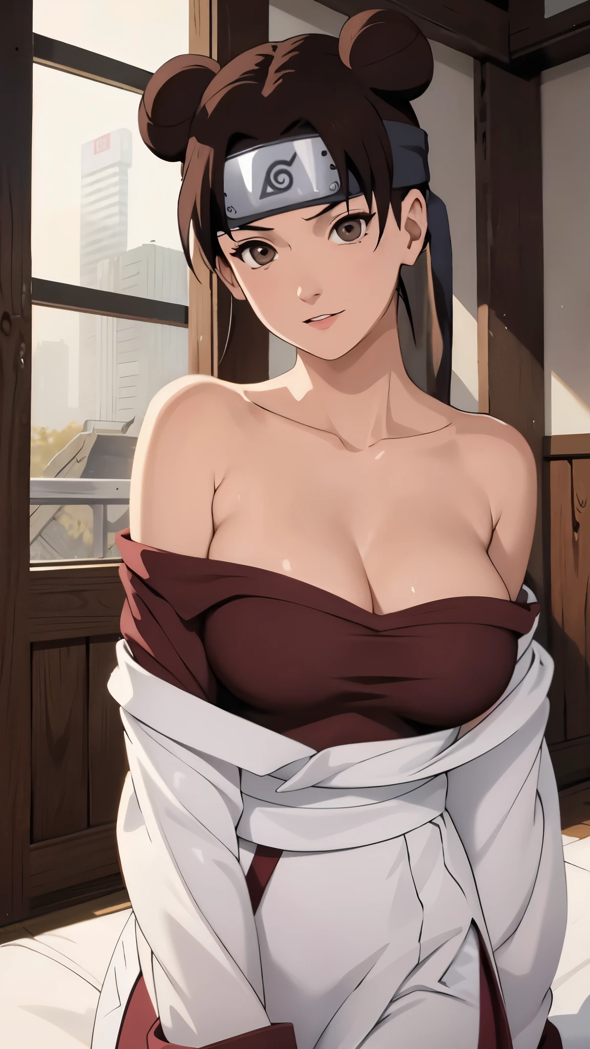 （tmasterpiece），one-girl，little breast，(Be red in the face)，Redlip，cleavage，(Off-the-shoulder attire:1.2)，Bust photo，Naruto，Long-lasting forehead protection，white  clothes，looks into camera，sportrait，ssmile，Japanese-style ancestral hall，large gate，SakuraNS，4k quality，The most beautiful face，White skin of the，tian zi