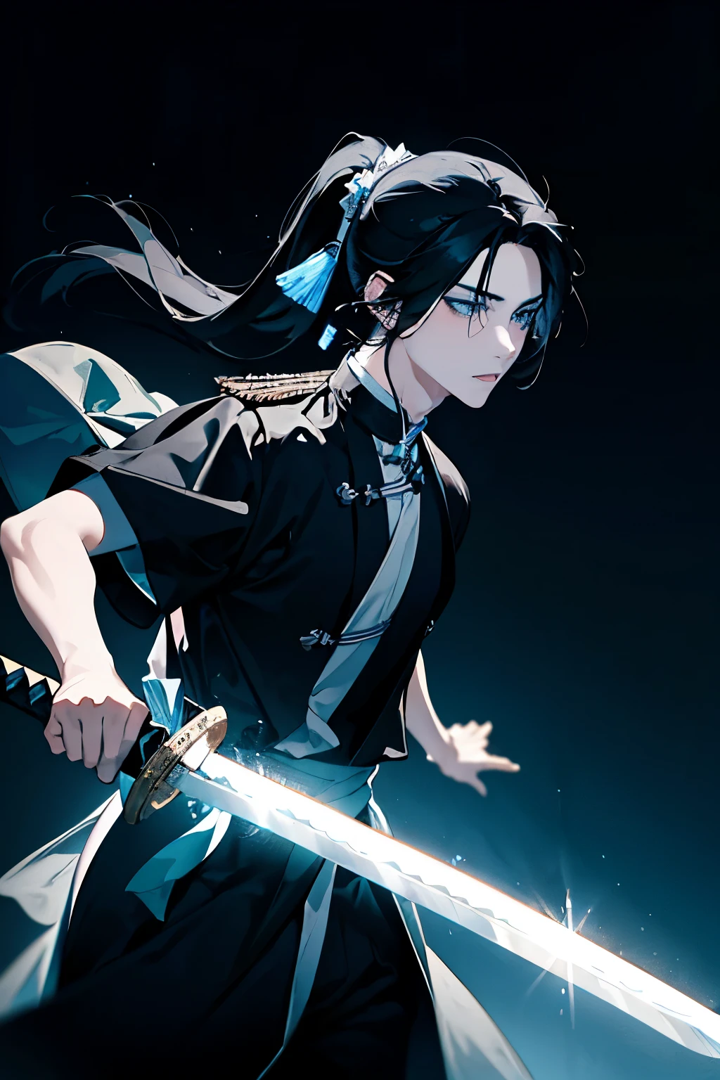 ((Two boys around 18 years old)),(Long black hair ponytail:1.3),(White, black and light blue costume reminiscent of an ancient Chinese priest),(Fantastic Light),((Brandishing a sword:1.5))