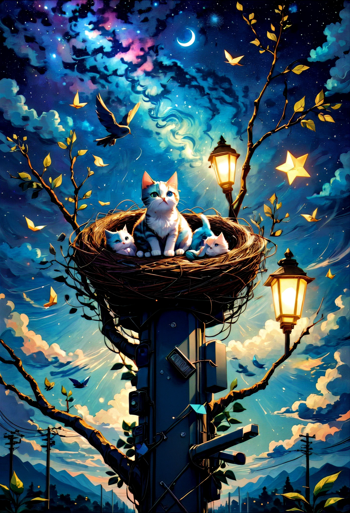 Newborn kittens、 The kitten is abnormally overweight、A bird&#39;s nest made of twigs sits on top of a traffic light, The weight of the kitten broke the bird&#39;s nest、, Surreal, interesting, comics, Starry Sky, Tangled, origami, Cinematic, Emotional, amazing, Vincent van Gogh,....by myself...lol