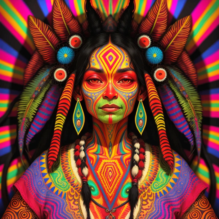 a close up of a painting of a shamanic woman, Yanomami Indigenous, indigenous brazilian, arte psytrance, psytrance, Dan Mumford e Alex Grey Estilo, psychedelic dmt, psychedelic organic shaman, while tripping on dmt, epic shamanic dmt art, cores dmt, psychedelic cosmic horror, psychedelic shaman, Arte Trippy, Entidade DMT, extremely psychedelic experience