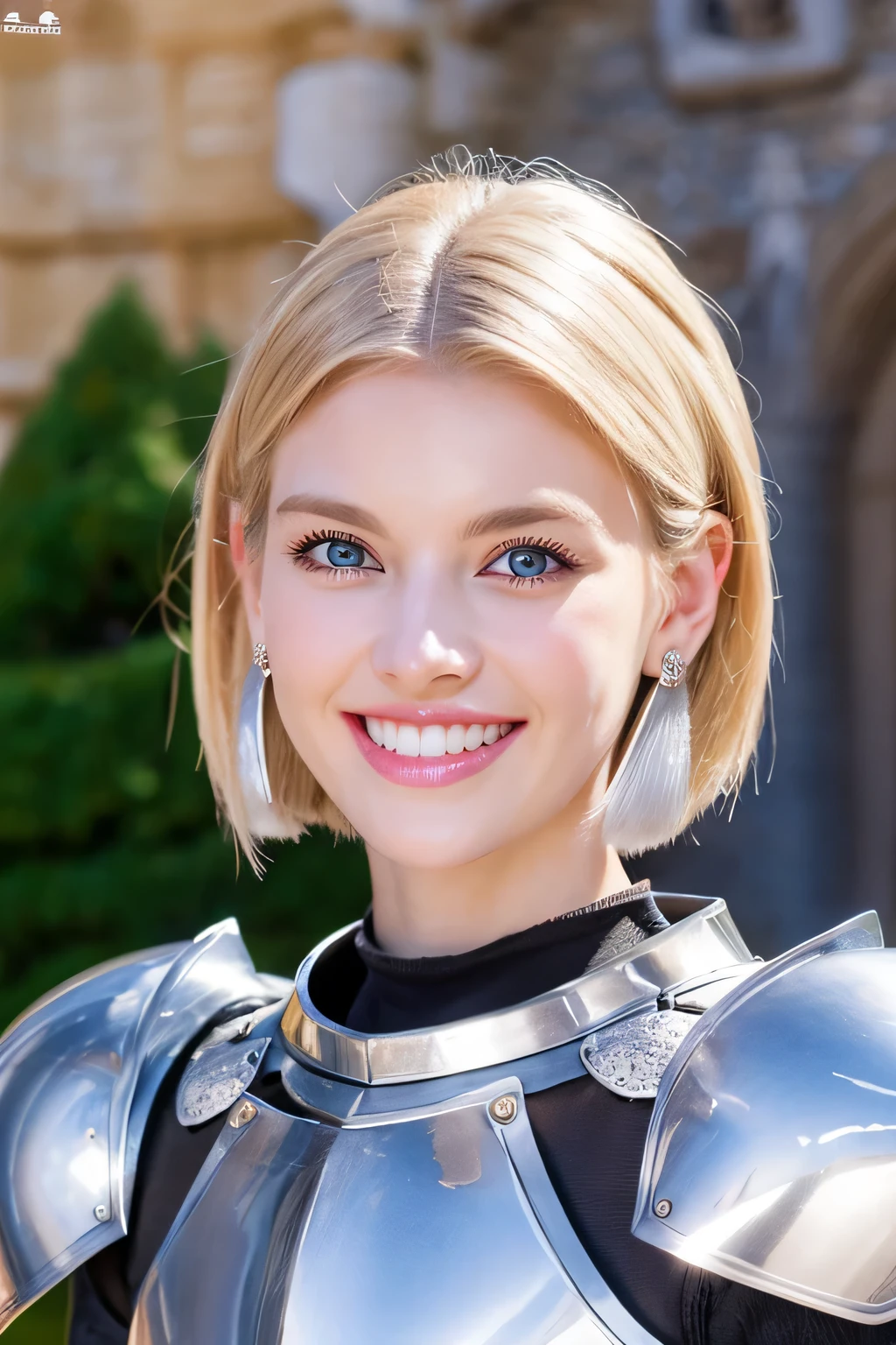 ８Ｋ、highest quality、female knight、Luxurious Silver Armor、、hairstyle short cut、smile、Beautiful Teeth、Full body photo、ear piercing、blonde、White woman、blue eyes、Heavy makeup、The background is inside the castle

