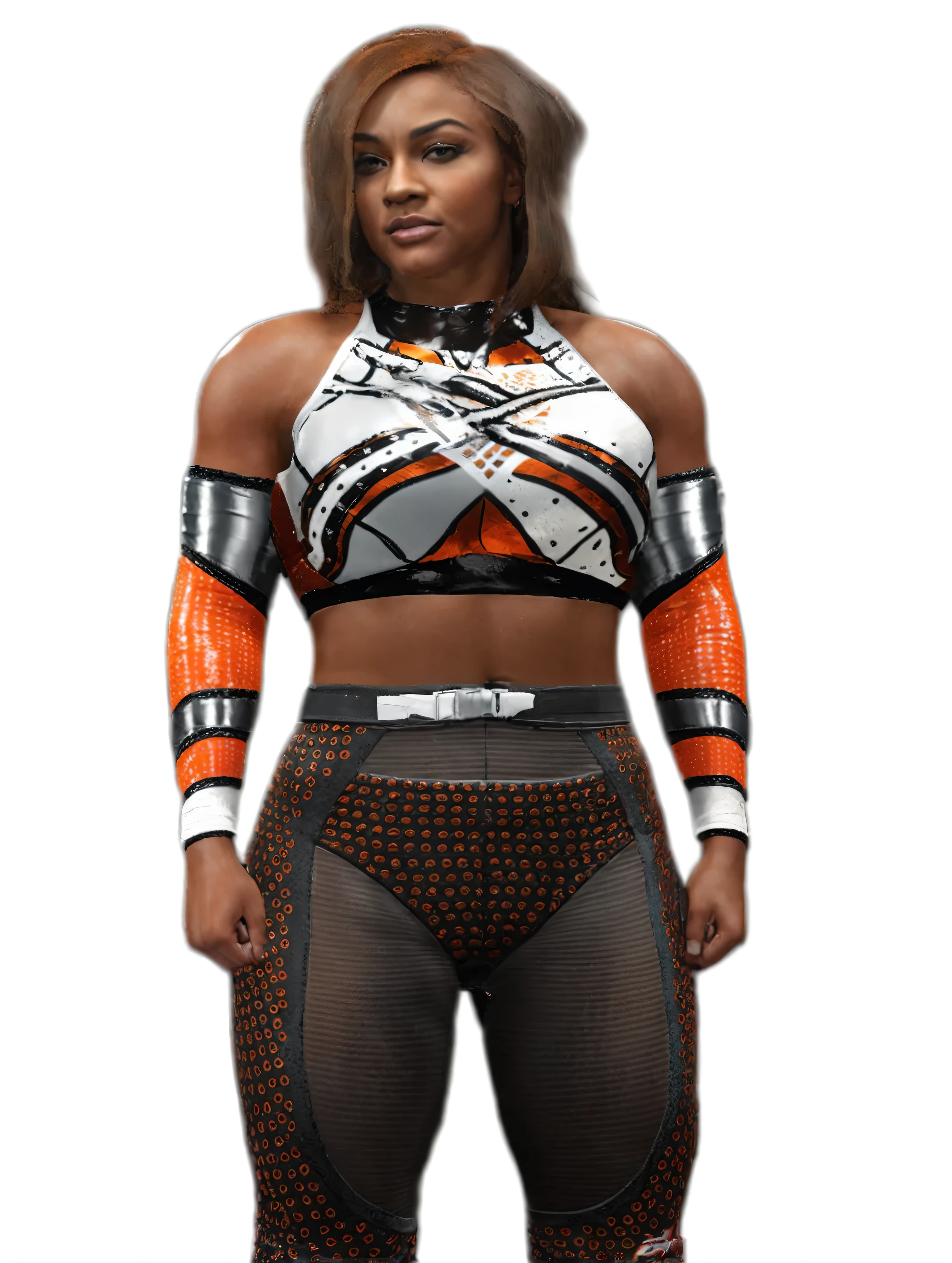 (a close-up,a woman,posing for a photo,wrestling outfit,white and orange chest protector)+
(best quality,4k,8k,highres,masterpiece:1.2),ultra-detailed,(realistic,photorealistic,photo-realistic:1.37),[HDR],vivid colors,professional,studio lighting+
(portraits)+
[orange and white color palette],[highlights and shadows emphasizing the woman's features]+
(brave,confident expression on her face)+ 
(a strong stance,with hands on her hips)+ 
[a wrestling ring in the background],[spotlight highlighting the woman]+
(a crowd cheering in the background)