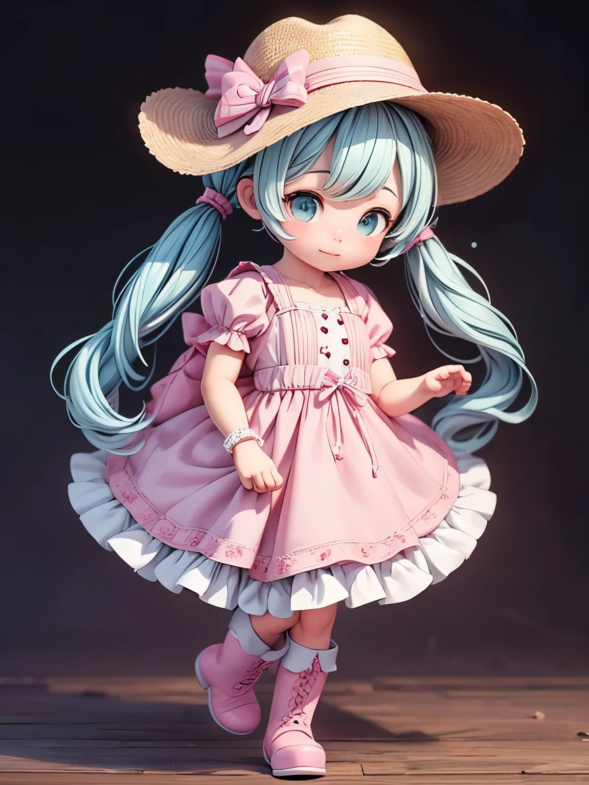 (masterpiece、highest quality、highest quality、Official Art、Beautiful and beautiful:1.2)、(One girl:1.3)Hatsune Miku、Twin tails,Big Breasts,Create a cute style chibi doll series with a cute cowgirl theme, Each in detail and in 8K resolution. All dolls follow the same plain background pattern、Must be complete within the image。, Show (whole body, Including the feet: 1.5)
Boneca Cowgirl: Please call her Mia. She must have medium wavy hair.. Your eyes should be large and inquisitive, Long eyelashes and slightly pink cheeks. Mia should wear a delicate jumpsuit, Cute cowboy boots, polka dot blouse, and cowboy hat. she must have farm accessories. Add details such as pockets and frills to your apron.、Make it even more attractive, Beautiful shoes, make sure to add a shadow, Hair texture and details, Clothes, cute cowboy tableware, To make you more lovable and attractive.