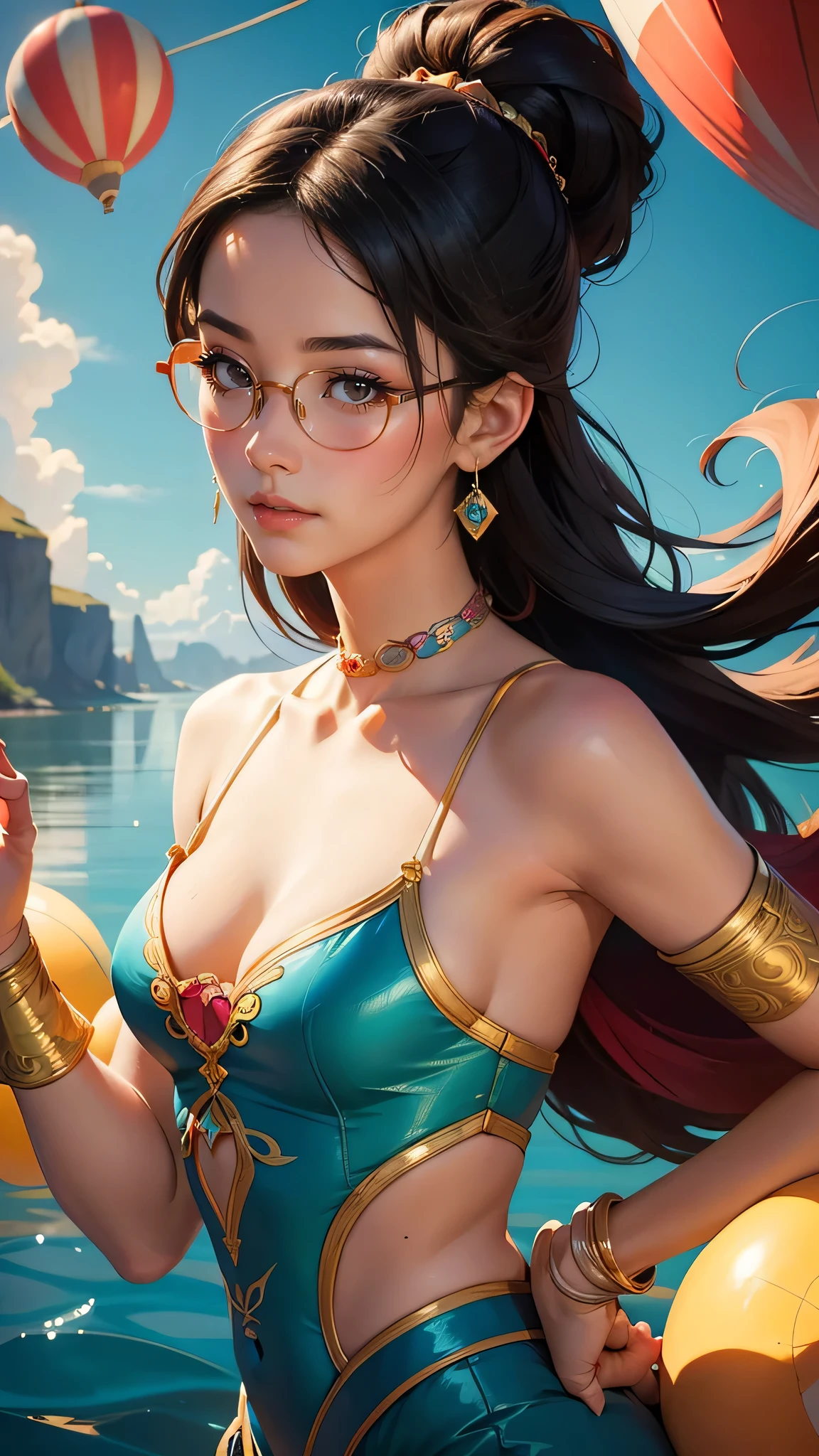 A beautiful portrait of Julia Chang in a whimsical and colorful circus setting, Features exquisite details and a retro aesthetic, Glasses, Produced in the art style of Conrad Rosett and Jeremy Lipkin, Exuding sexiness,