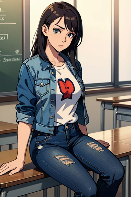 masterpiece, regular woman in jeans and t-shirt and worn out denim jacket, in school class