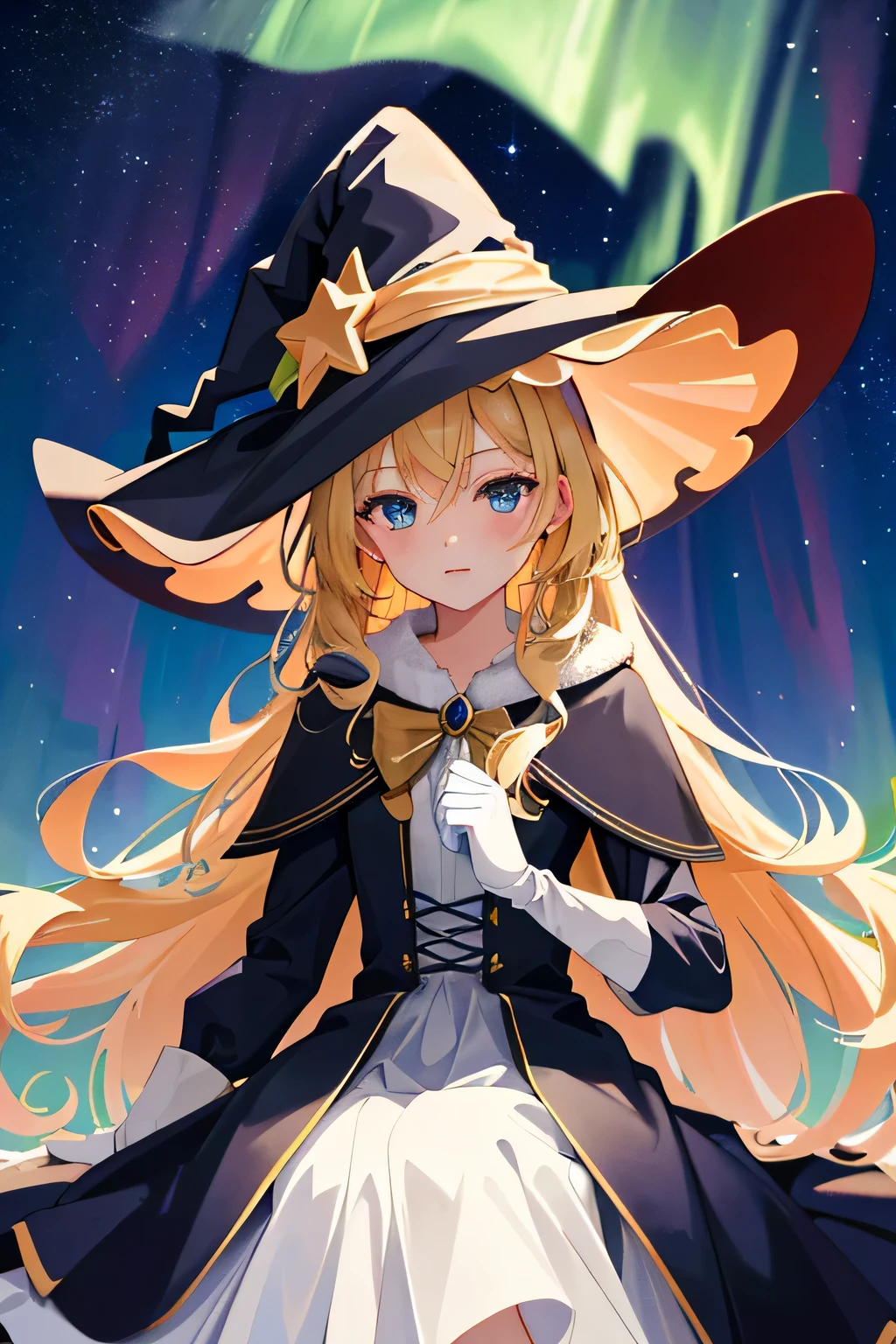 ((Masterpiece:1.2, Best quality)), Solo girl, (Witch hat), Blonde hair, Long hair, dress, aurora borealis, Stars, mitts,White dress, uhd, 8K.