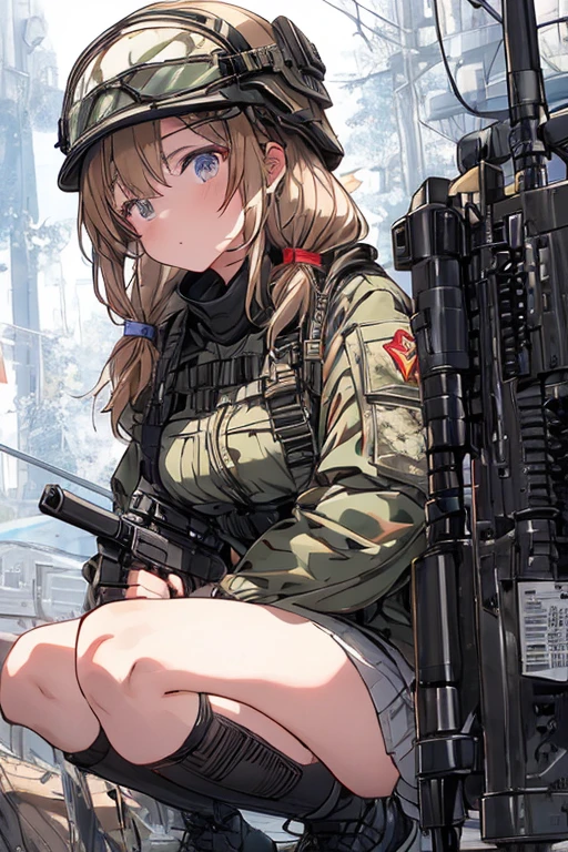 (long shot, looking away, shift character off center, draw the face precisely, cinematic perspective), (A female army infantry), (((wearing camouflage combat army uniform))), ((carrying a camouflage backpack)), ((excitement)), hiding a trench, (bullets fly), open her knees, (((orgasm face))), (((straddling the rifle on the ground to masturbate))), Pubic hair sticks out of panties, (in combat), (battlefield), army helmet, the ruin in the city, stick out her butt, nipples, insert to crotch