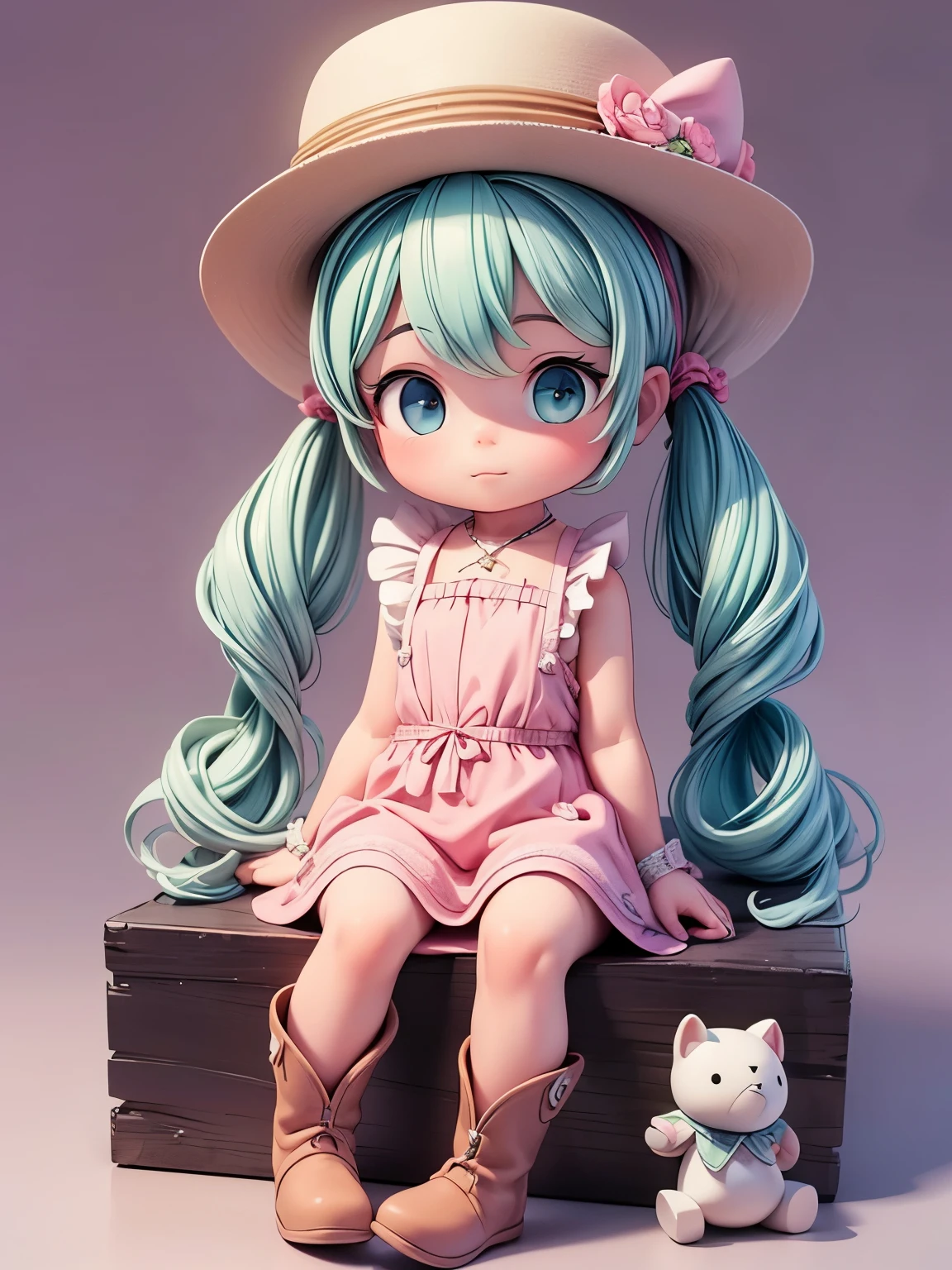 (masterpiece、highest quality、highest quality、Official Art、Beautiful and beautiful:1.2)、(One girl:1.3)Hatsune Miku、Twin tails,Big Breasts,Create a cute baby style chibi doll series with a cute cowgirl theme, Each in detail and in 8K resolution. All dolls follow the same plain background pattern、Must be complete within the image。, Show (whole body, Including the feet: 1.5)

Boneca Cowgirl: Please call her Mia. She must have medium wavy hair.. Your eyes should be large and inquisitive, Long eyelashes and slightly pink cheeks. Mia should wear a delicate jumpsuit, Cute cowboy boots, polka dot blouse, and cowboy hat. she must have farm accessories. Add details such as pockets and frills to your apron.、Make it even more attractive, Beautiful shoes, make sure to add a shadow, Hair texture and details, Clothes, cute cowboy tableware, To make you more lovable and attractive.