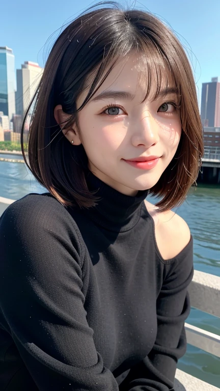 (((Face close-up)))、(((Shoulder length brown straight short bob)))、(((She has the New York skyline in the background、Posing like a model at a beauty salon。.)))、(((Casual black long sleeve winter outfit)))、Half Japanese and half Korean、18-year-old girl、Independent、Look forward、Light eye makeup、Brown Hair Color、Flat 、Hair blowing in the wind、Quality of actress、Shiny, Ultra-realistic faces、Smiling face、Watery eyes、look up、Subtle lighting effects、 Ultra-Realistic Capture、Very detailed、High resolution 16k human skin closeup。Skin texture must be natural、The details must be clear enough to identify pores.、skin is healthy、Must be of uniform tone、Use natural light and color、Old-fashioned, high-quality images taken by modeling agencies&#39;Exclusive photographer、smile
