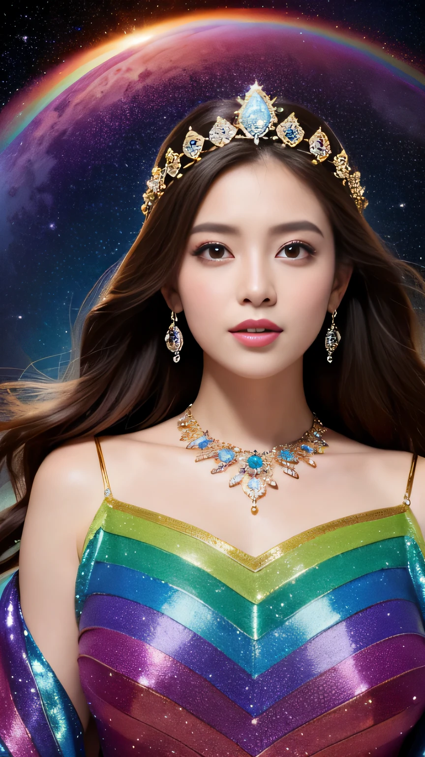 ((highest quality、Tabletop、8k、Best image quality、Extremely intricate and detailed))、One of the most beautiful princesses、Big and ample breasts、Glowing Beautiful Skin、The biggest smile looks at me、(Most amazing, Cosmic, Iridescent, High quality dress:1.2)、(Most amazing rainbow colored gradation dress:1.2)、Beautiful and elegant decoration、Diamond Decoration、The most luxurious and highest quality giant tiara、The most luxurious and highest quality giant necklace、Artistic decoration、finest jewelry decoration、The most luxurious decoration in the world、Most amazing and mysterious galaxy background、Shining galaxy starry sky、the most mysterious Cosmic glow