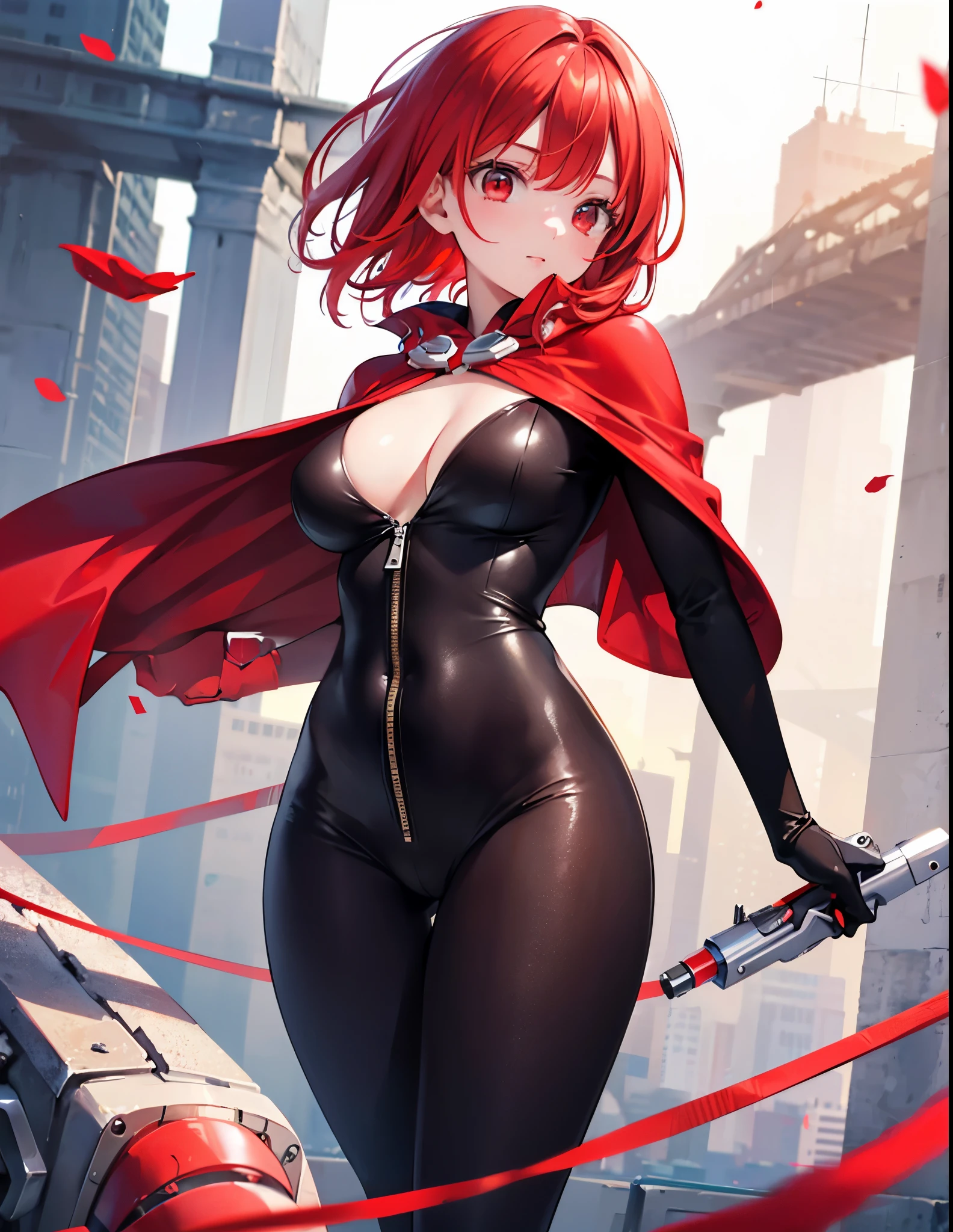 Realistic,highest quality, Ultra Detail, High-quality CG rendering, The most delicate and beautiful, Floating softly, High resolution, (1 girl), (Highest quality,4K,8K,masterpiece:1.2),(All red hair:1.5), (Medium Hair:1.5),(Red eyes:1.5), (Ultra Girl:1.0), (Red Ultraman bodysuit:1.4),(Slightly larger breasts:1.5),whole body, Red gloves,Red Shoes,(Red Cape:1.3)
,Cool pose