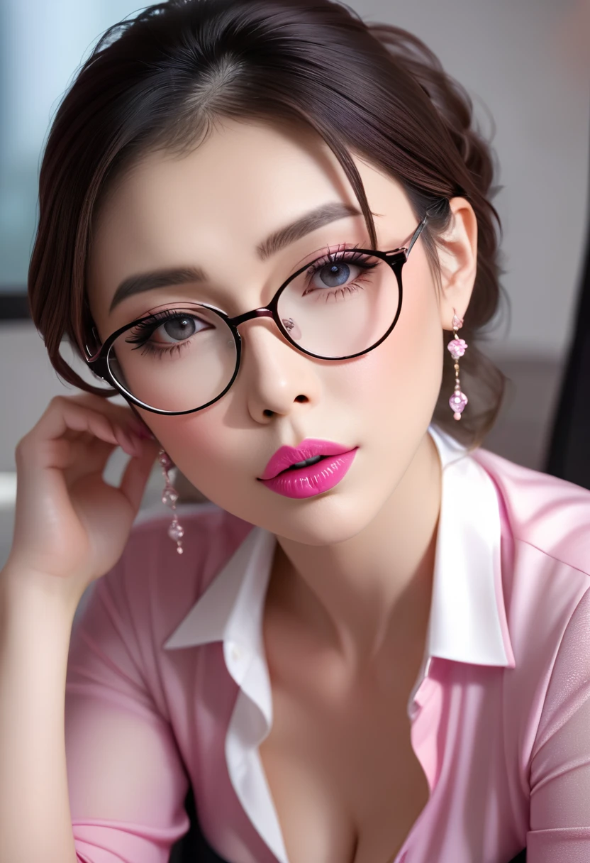 (masterpiece, best quality: 1.2), 1 Secretary，Delicateeyes,Sexy eyes,Glasses，Head close-up，The expression of a kiss，Glossy pink sexy lips，Pouting ，earrings，Perfect natural breasts，8k