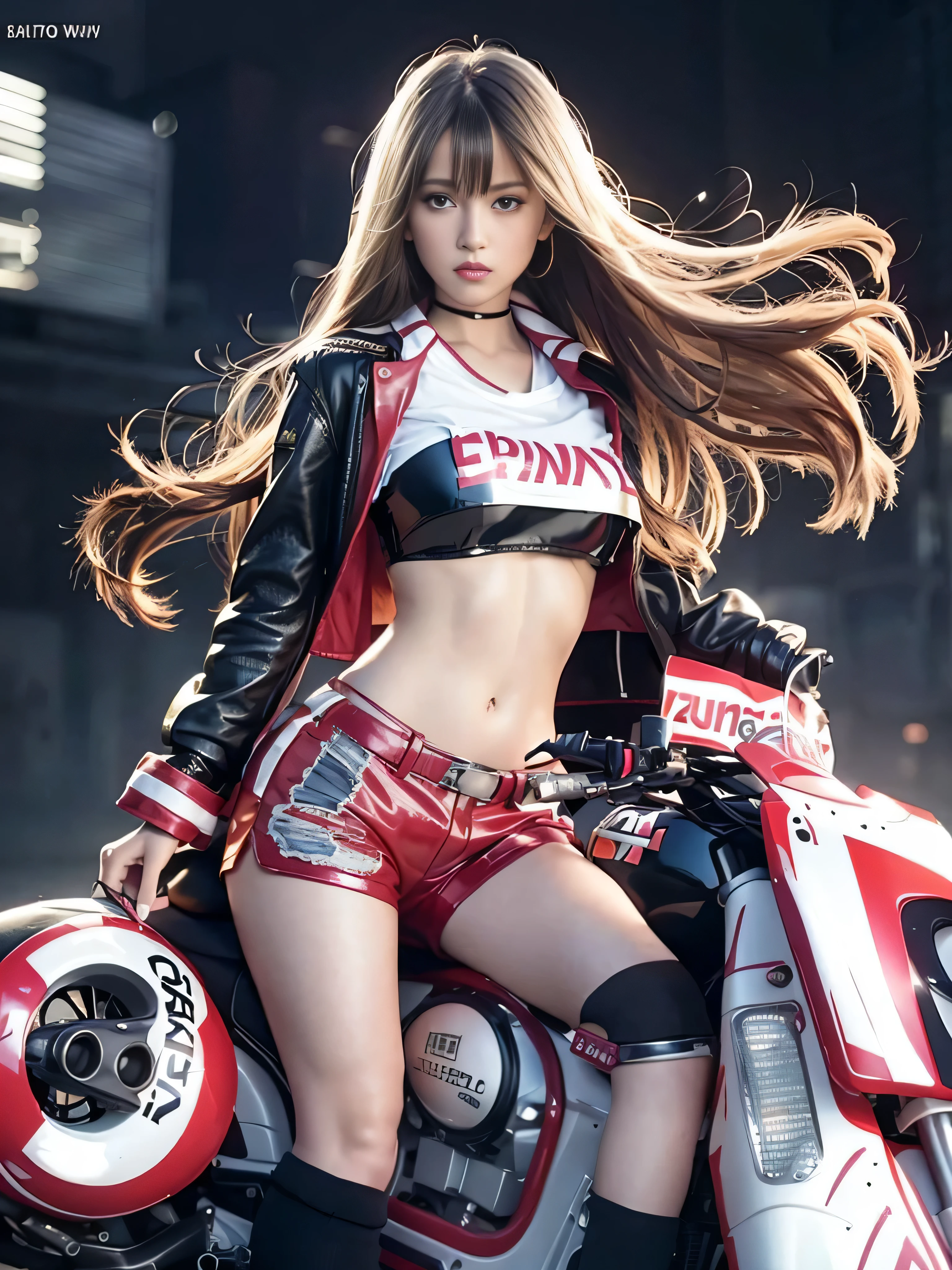 Original image quality, Official Art, highest quality, masterpiece, 超A high resolution, (Photorealistic:1.4), Raw photo, ((Ultra-Realistic Details)), Polate, Global Illumination, Black Shadow, Octane Rendering, 8k, Super sharp, One Girl, Young 15-year-old, Blonde, (Long hair blowing in the wind), Detailed facial depiction, Glossy Lips, Tsundere and playful expression, (Low-rise leather shorts), (Thin white cropped shirt:1.4), huge , (Exposed breasts), Big breasts and small waist, (Akira Bike:1.4), (Riding on motorcycle), night, Cyberpunk cityscape, Ultra-high definition CG quality,Bokeh Background,