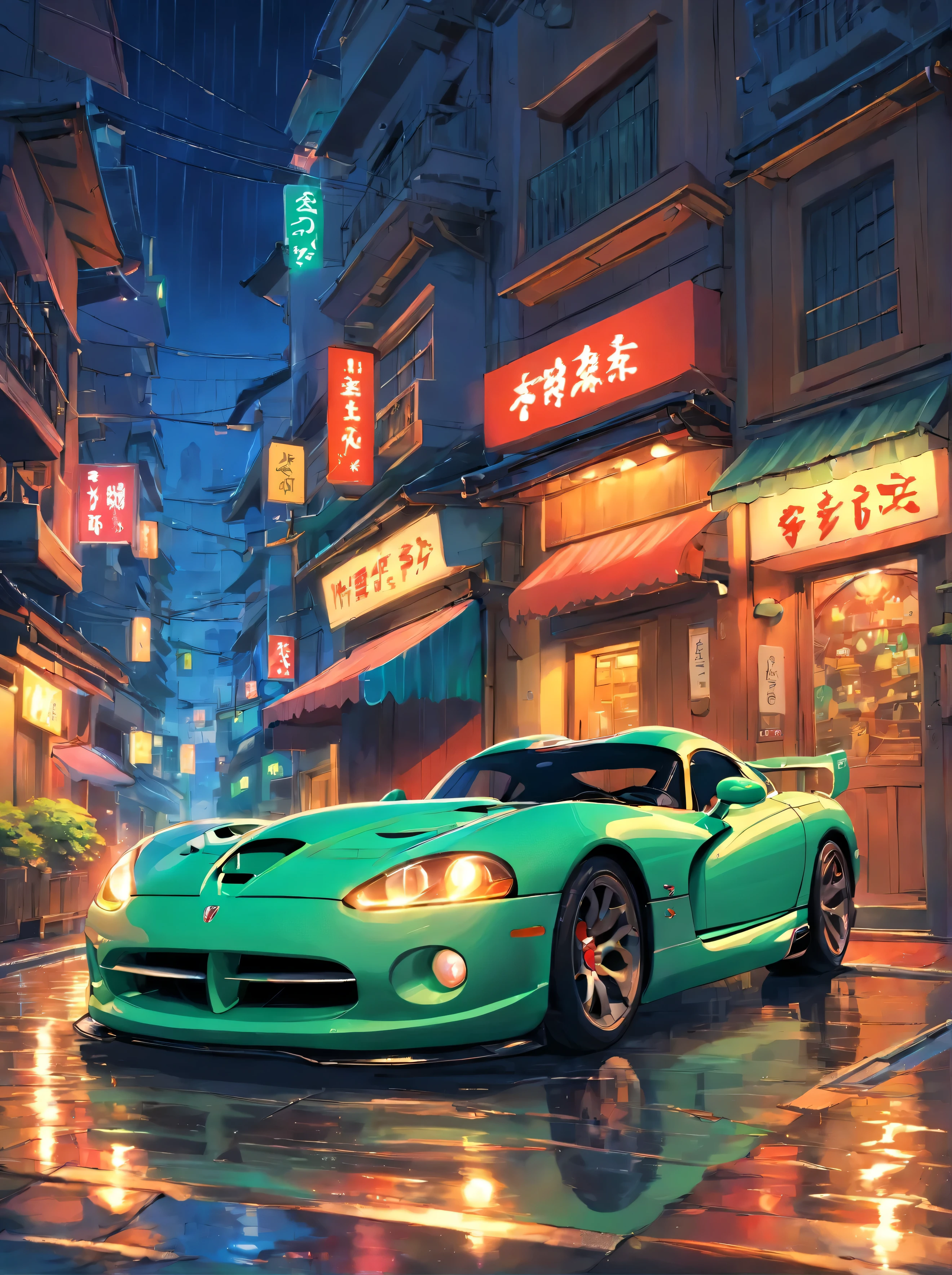 Um Dodge Viper, dirigindo na cidade, chuva forte, noite, ambiente escuro, cidade iluminada