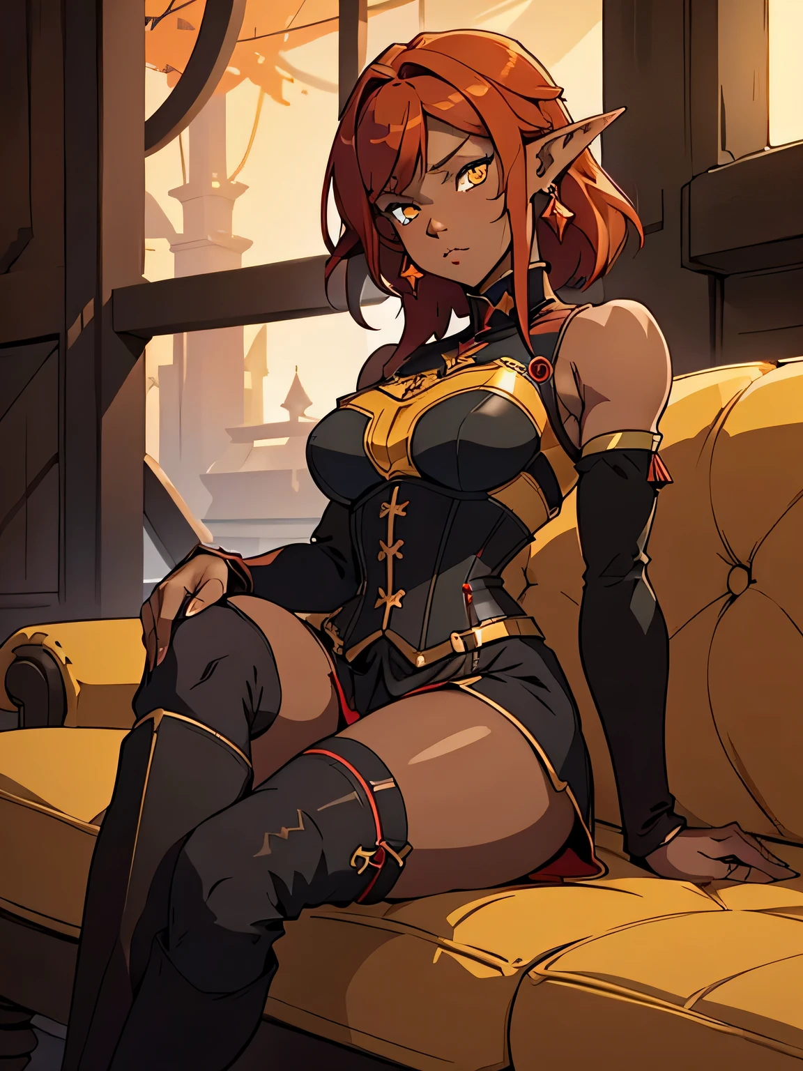 beautiful girl, very cute, sitting on the sofa, medium breasts, red hair, yellow eyes, detailed eyes, symmetrical pupils, pointed ears, corset, ((dark skin)), muscular, short skirt, long sleeves, detached sleeves, exposed shoulders , red and black clothing, gold trim, knee high boots, combat boots 