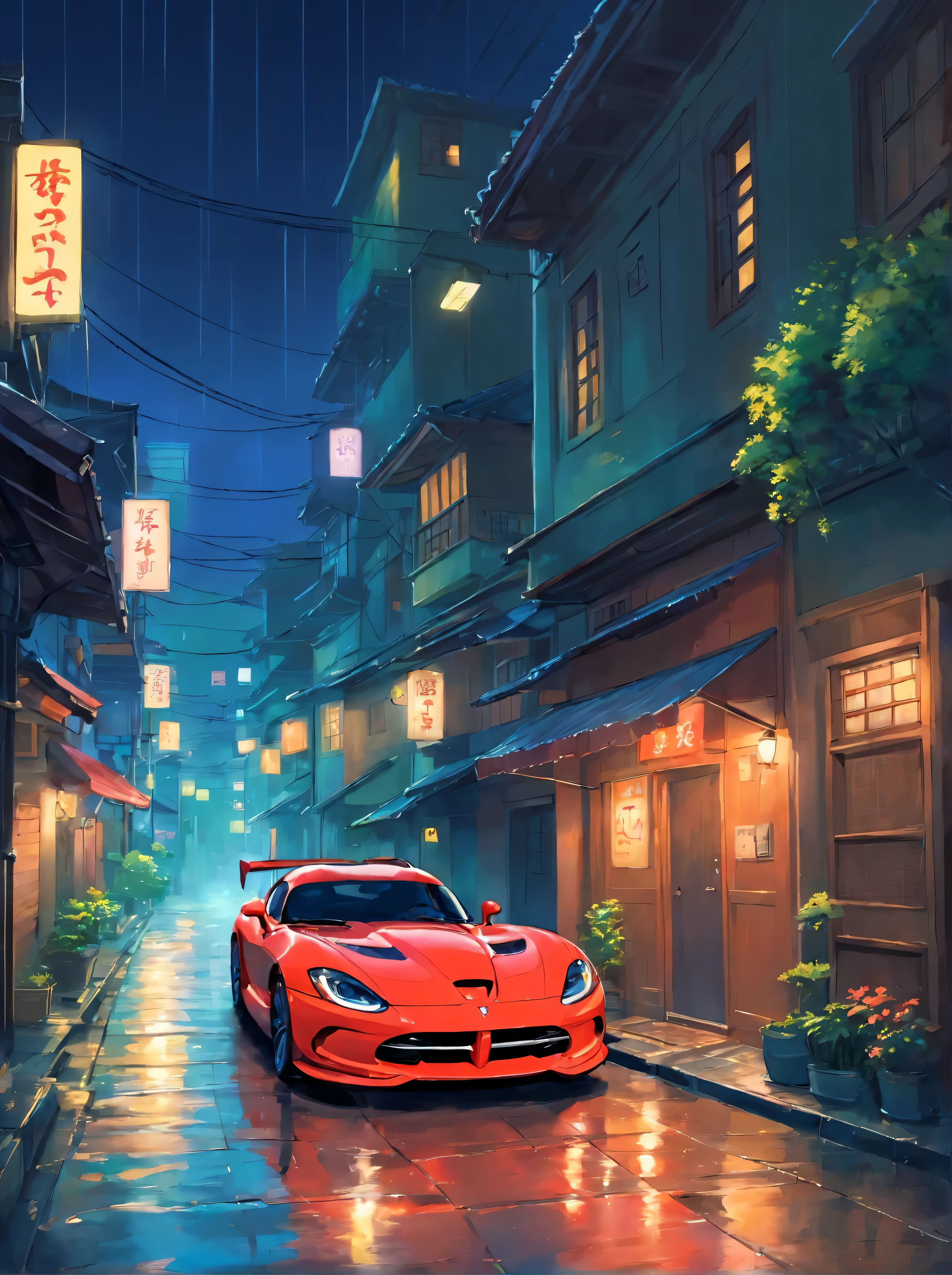 Um Dodge Viper, dirigindo na cidade, chuva forte, noite, ambiente escuro, cidade iluminada