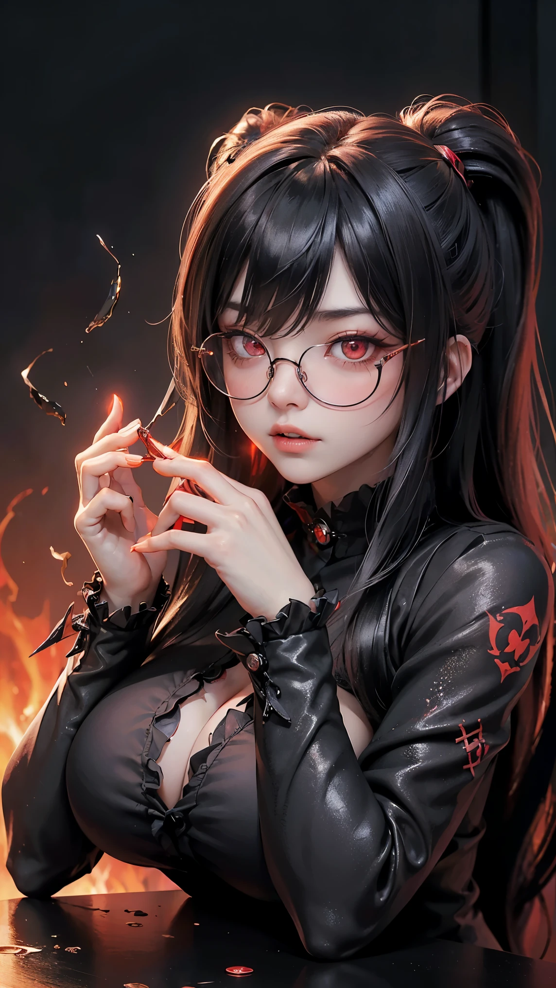 Dark Fantastic Night , Behind me is a big, scary castle , Lots of bats , big, red, Fantastic Moon , Some cliffs , 2. A cave far from the cliff , Some stones , Broken pillars , There are many magical glowing stones around her , dark空の遥か遠くに龍が, horror scene , 美しい女性のdevil , redい魔法の非常に明るい目 , A small magical sphere glowing red in both hands at the same time , オーブを見つめる女性のdevil , Dark Big Wing , ((((Round Glasses))))、(((Big Breasts)))、(Super beautiful face) 、(highest quality,High resolution:1.2),(dark,Threatening:1.1),(Bad luckな:1.1),(devil,Satan,Lucifer:1.1),(devil的な:1.1) highest quality, Very detailed, Realistic, Portraiture, 暗くてSpooky atmosphere, Glowing Eyes, spiritual being, Unforgettably美しい, Ghostly figures, Swirling Mist, Supernatural existence, devilの本質, Shadow-like shape, Spooky whispers, Ominous Aura, Eerie pale skin, Dark and twisted branches, Flickering candle light, Spooky elements, Mysterious and enigmatic, Spectral emergence, Gothic art style, attractive, Spectral range, Extremely depressed, Otherworldly beauty, Mysterious glow, Unforgettably'Don't forget, Cold atmosphere, Spooky and ominous lighting.,(Bad luck,Bad luckな:1.1),(Powerful figure:1.1、Big Breasts、Glasses) 、 ((((Huge glasses, Nerd Glasses, thickメガネ, Round Glasses)))),(((Big Breasts)))、(devil'tail)、(redい目が光る:1.6)、(redくGlowing Eyes,Sharp teeth:1.1),(Black wings,thick,shabby:1.1),(hellish landscape:1.1),(fire,sulfur:1.1),(Threatening雰囲気:1.1),(dark shadows,Threatening presence:1.1),(Bad luck clouds,Stormy Skies:1.1),(dark,Spooky atmosphere:1.1),(Bad luck aura,Evil energy:1.1),(dark aura,cigarette:1.1),(Extreme heat,Burning Flames:1.1),(Surreal,Nightmare Visions:1.1),(Ultra-detailed Moon) , (Ultra-detailed castle) , (Ultra-precision needles) , (Very detailed wings) Blood splattered on the body, Pale face , Dark Red Lip , Black Devil Wear , Shaped body , 彼女の周りのredい魔法 , redマナのローテーション、highest quality, Very detailed, Realistic, Portraiture, 暗くてSpooky atmosphere, Glowing Eyes, spiritual being, Unforgettably美しい, Ghostly figures, Swirling Mist, Supernatural existence, devilの本質, Shadow-like shape, Spooky whispers, Ominous Aura, Eerie pale skin, Dark and twisted branches, Flickering candle light, Spooky elements, Mysterious and enigmatic, Spectral emergence, Gothic art style, attractive, Spectral range, Extremely depressed, Otherworldly beauty, Mysterious glow, Unforgettably'Don't forget, Cold atmosphere, Spooky and ominous lighting、(redい目が光る:1.6)、(redくGlowing Eyes,Sharp teeth:1.1),(Black wings,thick,shabby:1.1),(hellish landscape:1.1),(fire,sulfur:1.1),(Threatening雰囲気:1.1),(dark shadows,Threatening presence:1.1),(Bad luck clouds,Stormy Skies:1.1),(dark,Spooky atmosphere:1.1),(Bad luck aura,Evil energy:1.1),(dark aura,cigarette:1.1),(Extreme heat,Burning Flames:1.1),(Surreal,Nightmare Visions:1.1),(Predicting the end:1.1),(Twisted corners,Fiery crown:1.1),(Bad luck whispers,devilのような笑い:1.1),(Cry of pain,echoing screams:1.1),(Bad luck symbols,Ancient runes:1.1),(Mysterious Relic,dark artifacts:1.1),(Infernal Ritual,Ritual sacrifice:1.1),(devil的な minions,creatures of darkness:1.1),(Desolate,Barren Wilderness:1.1),(University of the Soul,Suffering Soul: