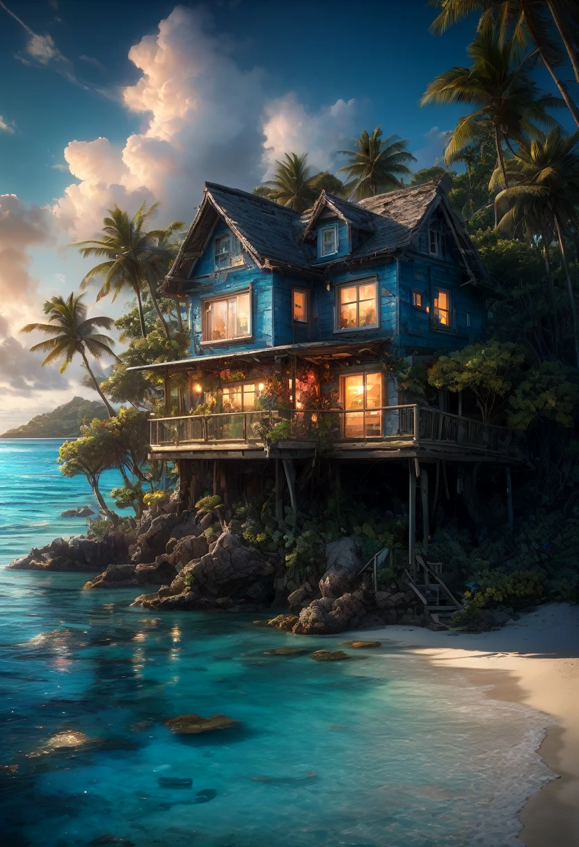 Blue Coast, "Stunning photo realistic image of a small cozy beach house on a small uncharted paradise island surrounded by clear water with colorful coral reefs under the water!" by Awwchang and James_Christensen and CGSociety and Carne_Griffiths, ultradetailed, intricate, maximalist, ultra_quality, 8k , beautiful_composition, sunset , pale muted colors