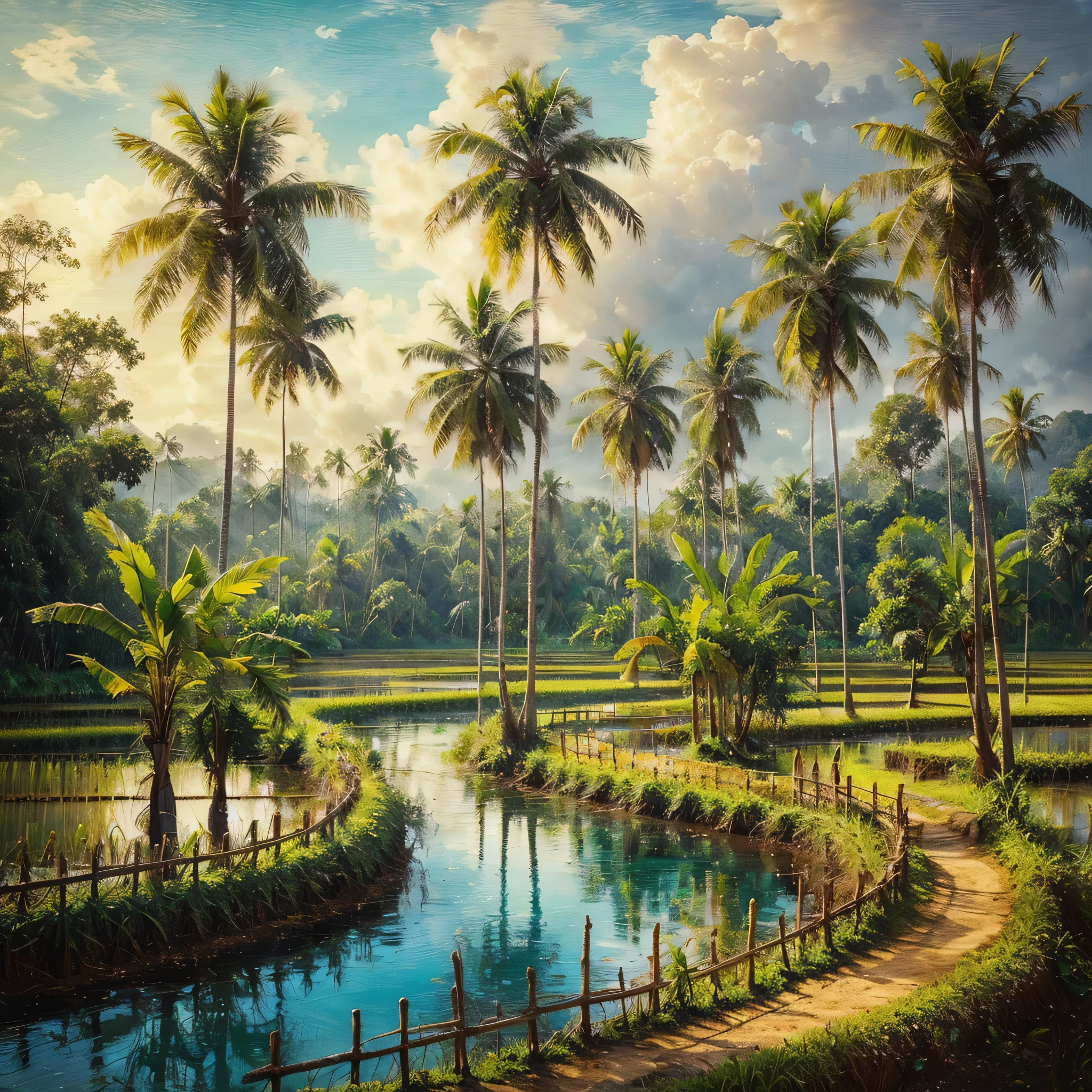 Create a hyperrealistic picture of a beautiful and enchanting view of coconut trees (coconut trees), banana trees (banana trees) on the edge of rice fields (rice fields), wooden fences on the edge of rice fields, small lakes with clear blue water, rivers, oil on rough canvas, textured scumbling technique