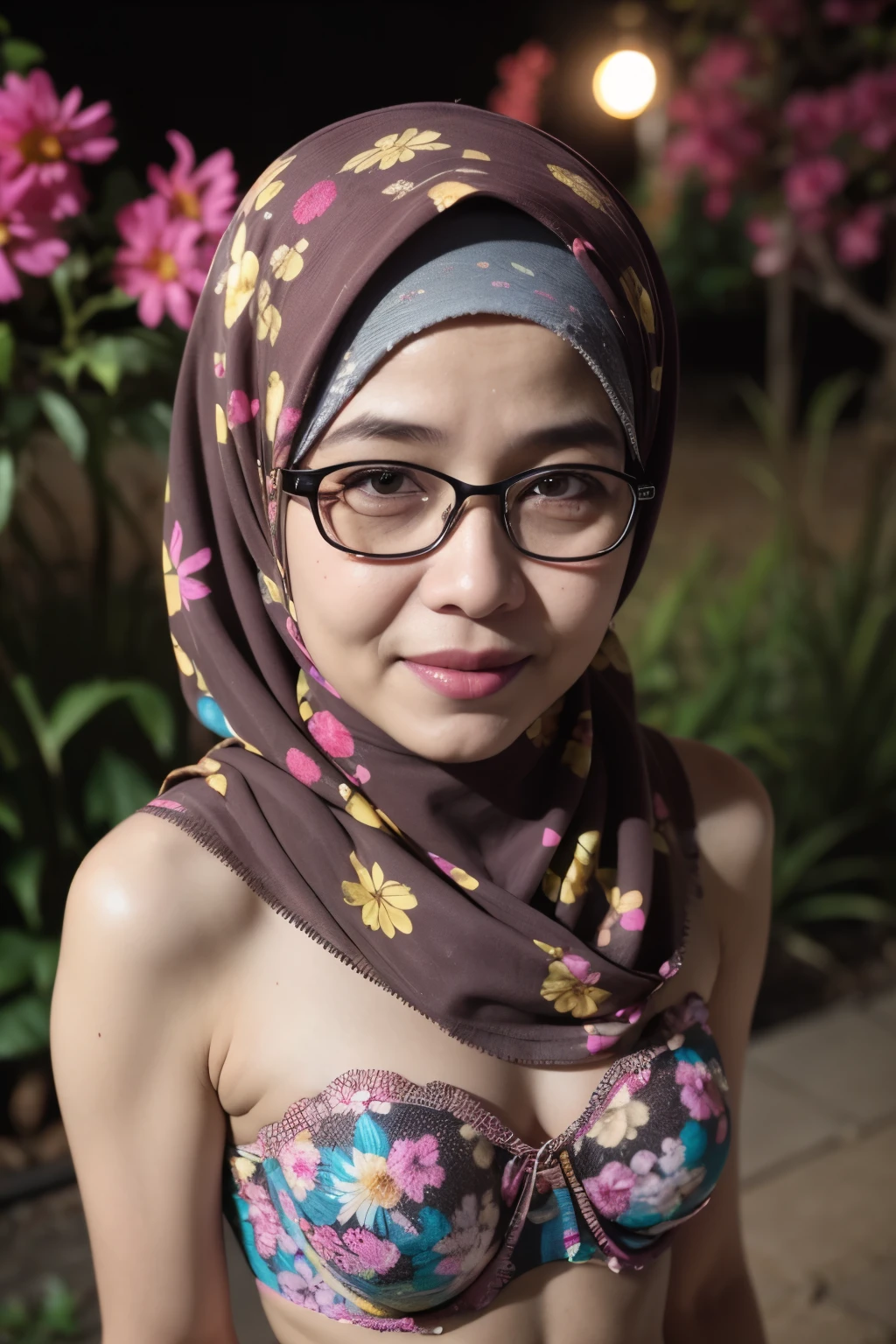 Spectacles, ((Old body lady:1.2)), ((Old lady:1.6)), ((FLAT CHEST:1.6)), (Happy smile), (((HIJAB MALAY GIRL))), masutepiece, High quality, UHD 32K, Realistic face, Realistic skin feeling , A Japanese Lady, 58 years old matured lady, , Very cute and baby-like face, (((FLAT CHEST))), (Night time at forest), ((look In front at the camera and SADNESS)), (((CUTE GIRL))), ((RED FLUORESCENT LIPS)), ((Floral Pattern)) little ((wearing strapless bra)), strapless colorful bra, dark night background , black forest night, horror scary place, (from behind up) seductive pose