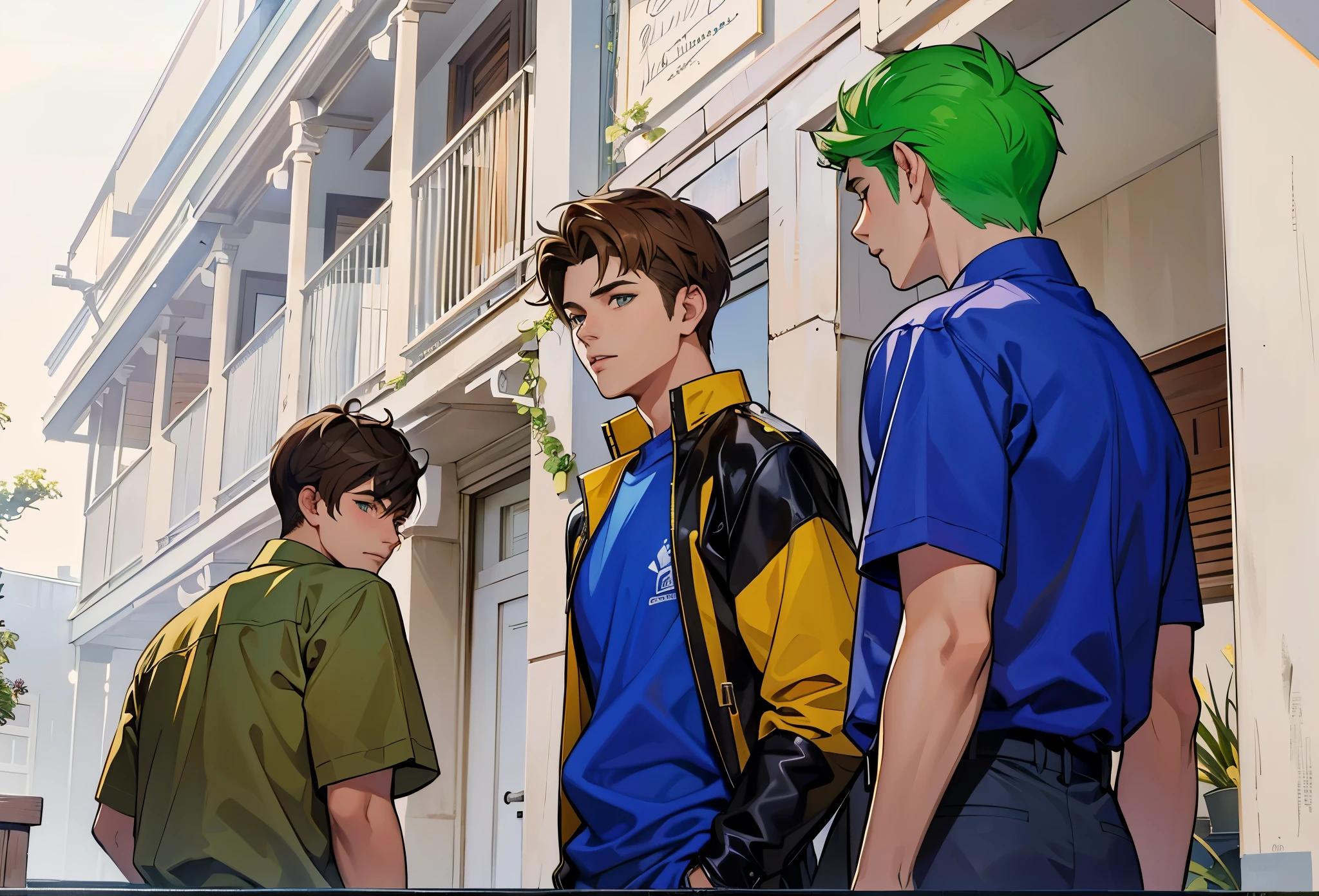 They are three handsome young men of 15 years old.., green and brown hair, ropa azul.