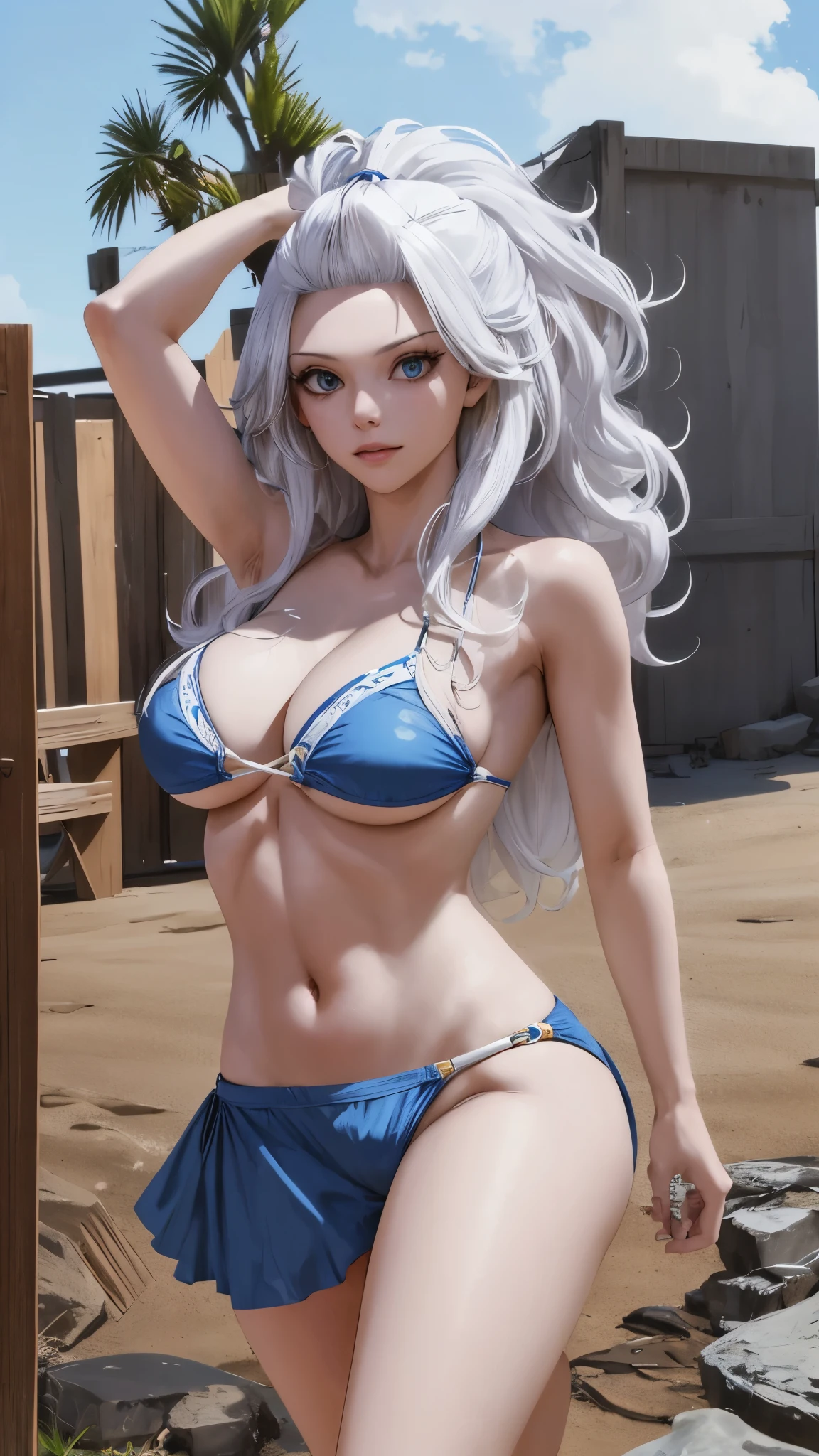 masterpiece, best quality, highres, Amira, long hair, in front of your bangs, white hair, extremely big , blue  bikini, cowboy shot, standing, outdoors, bar,  shy, detailed face, detailed fingers, high quality