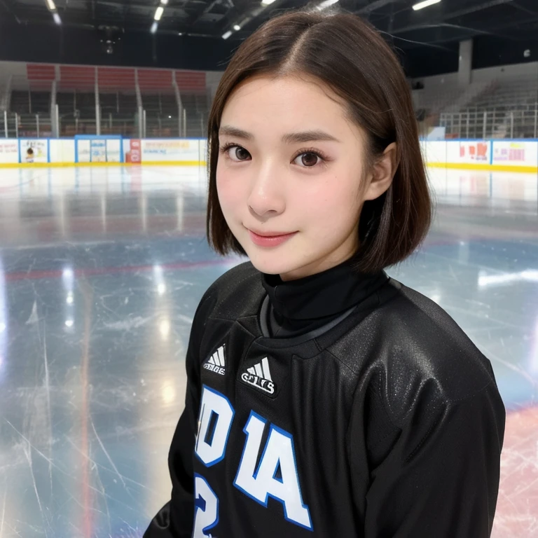 (kawaii 24year-old Japanese girl, Nogizaka idol, Korean idol), female ice hockey player, (glossy black hair, very short hair:1.3), (rounded face, black eyes, single eyelid, no makeup, soft smiling:1.2), (wearing long sleeved ice hockey jersey:1.5), ice hockey gloves, ice hockey helmet, (looking at viewer:1.2), BREAK, (skating at ice skate arena, active atmosphere:1.3), (view from forward, close shot, face focus:1.3), BREAK, (masterpiece, best quality, photo realistic, official art:1.4), (UHD, 8K quality wallpaper, high resolution, raw photo, golden ratio:1.3), (shiny skin), professional lighting, physically based rendering, award winning, (perfect anatomy, highly detailed skin, extremely detailed face and eyes:1.2), Carl Zeiss 300mm F/2.8, depth of field, 1girl, solo, nhl player, national hockey league player,