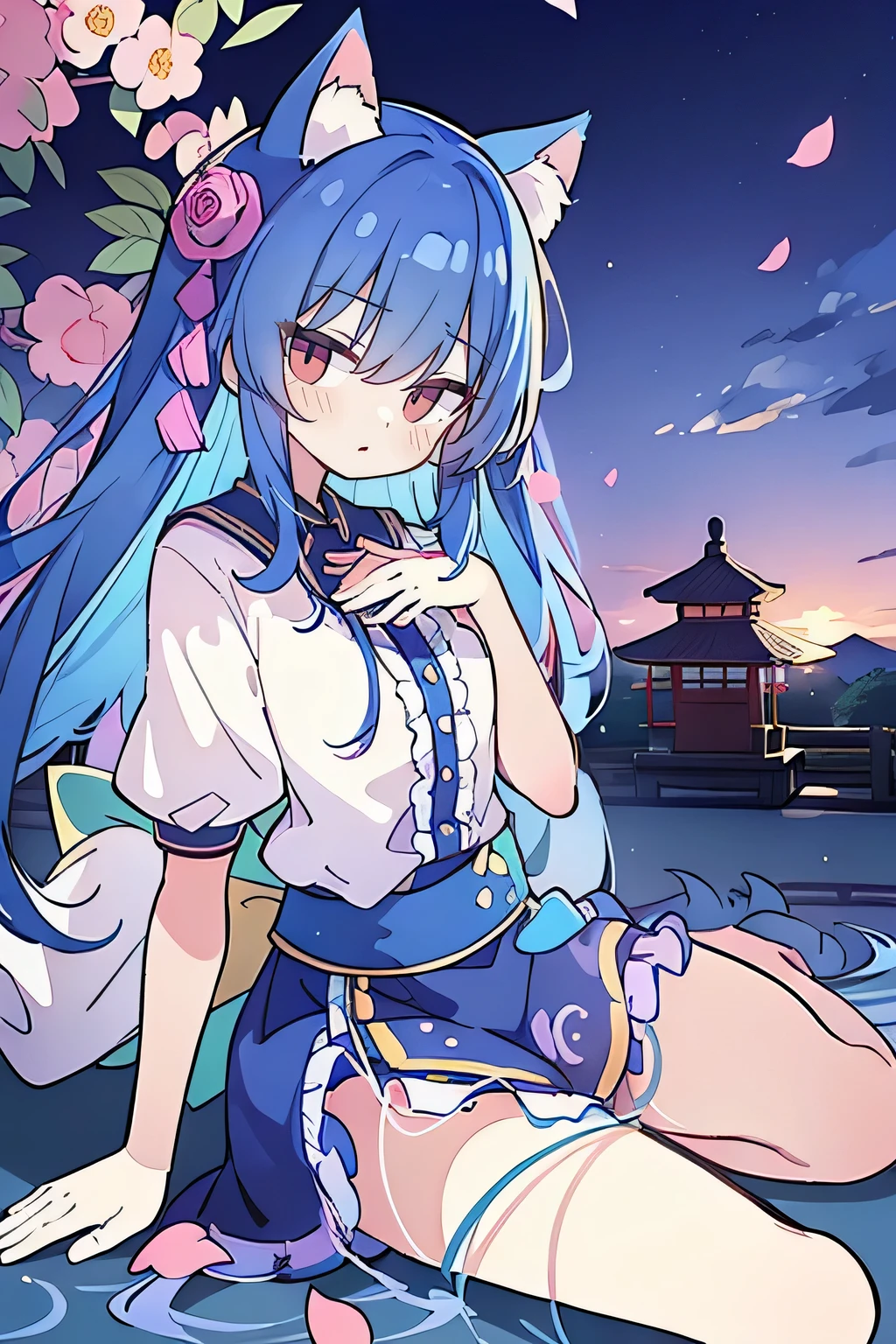 (masterpiece:1.2),Super detailed,Practical,expressive eyes,Fair skin,Perfect face shaping,1 Girl,
Japanese cartoons,Gorgeous blue hair, the long flowing blue hair,Floating clothes,Cat ears,Petals falling,beautiful lola,Young Angel,
Hands on waist,sit elegantly on the ground,Cross your legs,Gentle and peaceful background,Cool and cozy pavilion,Sunset,