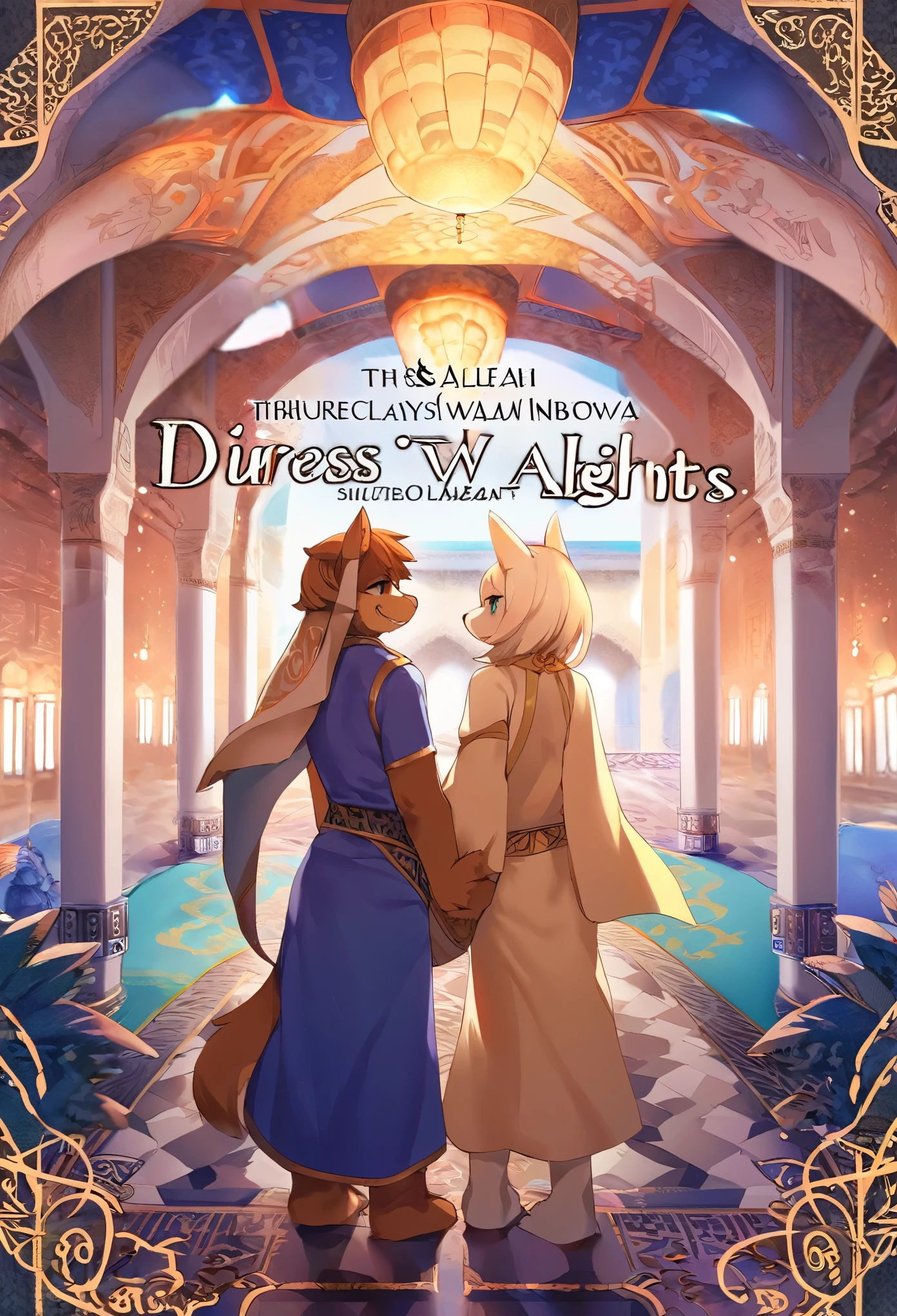 doujinshi cover_page, highres, top quality, best quality, paid reward available, unparalleled masterpiece, perfect artwork, absurdres, High-quality illustrations, super high resolution, detailed background, perfect anatomy(1girl, 1boy, couple, kemono, furry anthro, fearless smile)The Arabian Nights, Alf Laylah wa Laylah,