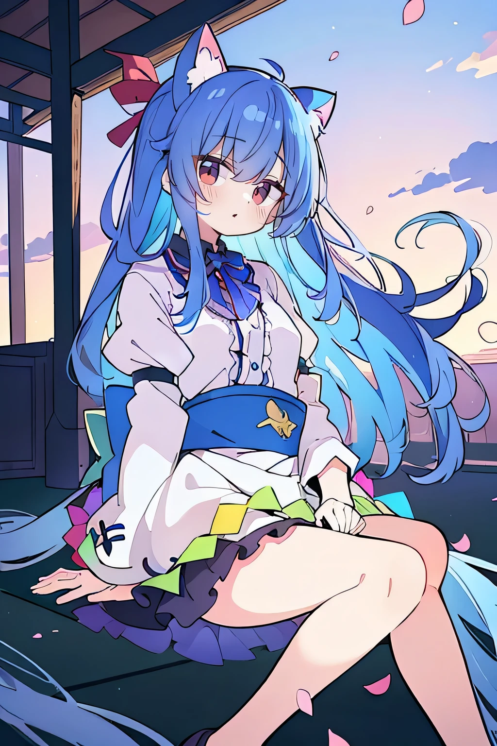 (masterpiece:1.2),Super detailed,Practical,expressive eyes,Fair skin,Perfect face shaping,1 Girl,
Japanese cartoons,Gorgeous blue hair, the long flowing blue hair,Floating clothes,Cat ears,Petals falling,beautiful lola,Young Angel,
Hands on waist,sit elegantly on the ground,Cross your legs,Gentle and peaceful background,Cool and cozy pavilion,Sunset,