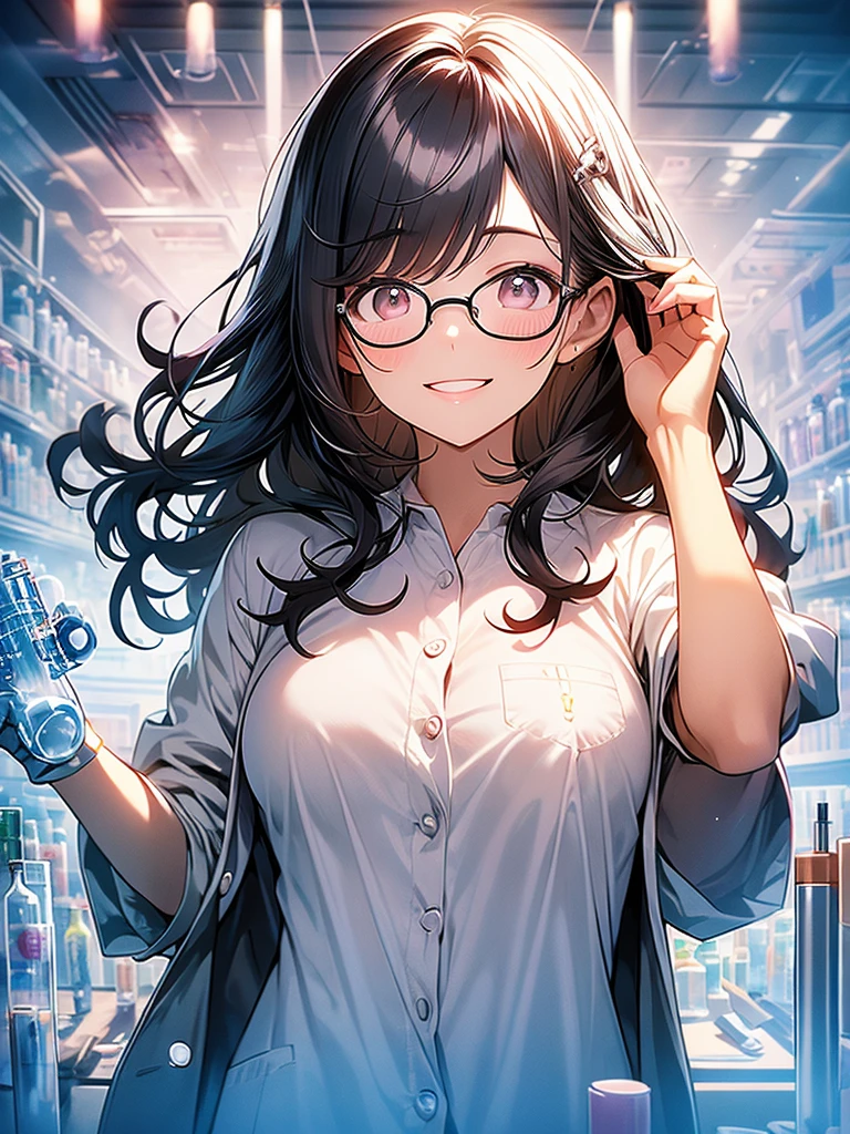Intelligent woman、Black Hair、White skin、Pink lips、Wearing a researcher's lab coat、round rim glasses、White rubber gloves、Institute of Chemistry、Test tube、beaker、microscope、flask、Glancing sideways at the viewer、smile