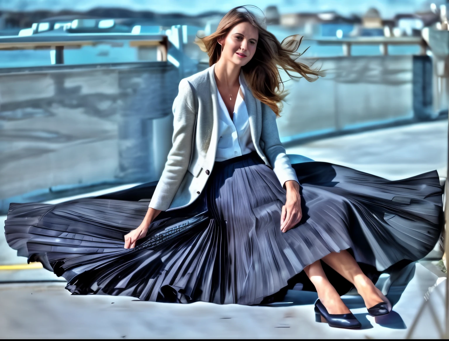 (authentic:1,1) (shy:0,9) (smiling:0,4) woman wearing (long (pleated) full circle skirt) and (low heeled office shoes), very intricate hyper-detailed symmetric (attractive graceful feminine face) with (sad, tired eyes and shy smiles), large , full of empathy and compassion and love, (pronounced (feminine) features), (highly detailed ultra accurate realistic) hands and fingers, (windy conditions and wind blowing), epic composition, highly detailed attributes, highly detailed space station background, extremely high quality RAW photograph, high-angle shot, cinematic shot, dynamic lighting, 75mm, Technicolor, Panavision, cinemascope, sharp focus, fine details, 8k, HDR, realism, realistic, key visual, film still, superb cinematic color grading, depth of field