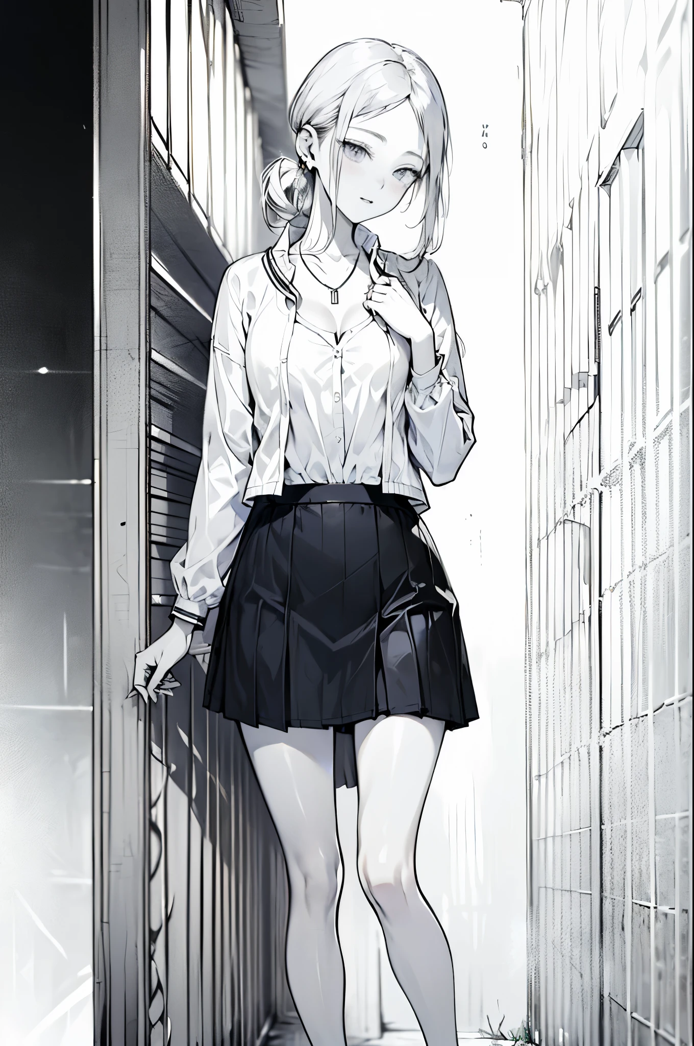 ((Biologically correct number of limbs))、(( Photo with face included))、4K、((Standing posture))、Masterpiece、((focus on the face))、((Symmetrical facial features))、Eyes with detailed description、Beautiful woman、Outstanding style、Beautiful clavicle、Beautiful legs、Beautiful Hands、Slender Body、(stockings、High heels)、Detailed depiction of faces、Small earrings、necklace、(Jacket、shirt、(Checked skirt))、profile、tie、Holiday theme park、(((White oak)))、Droopy eyes、Photographed from diagonally in front、(((Black and White)))、(((Pencil illustration)))、