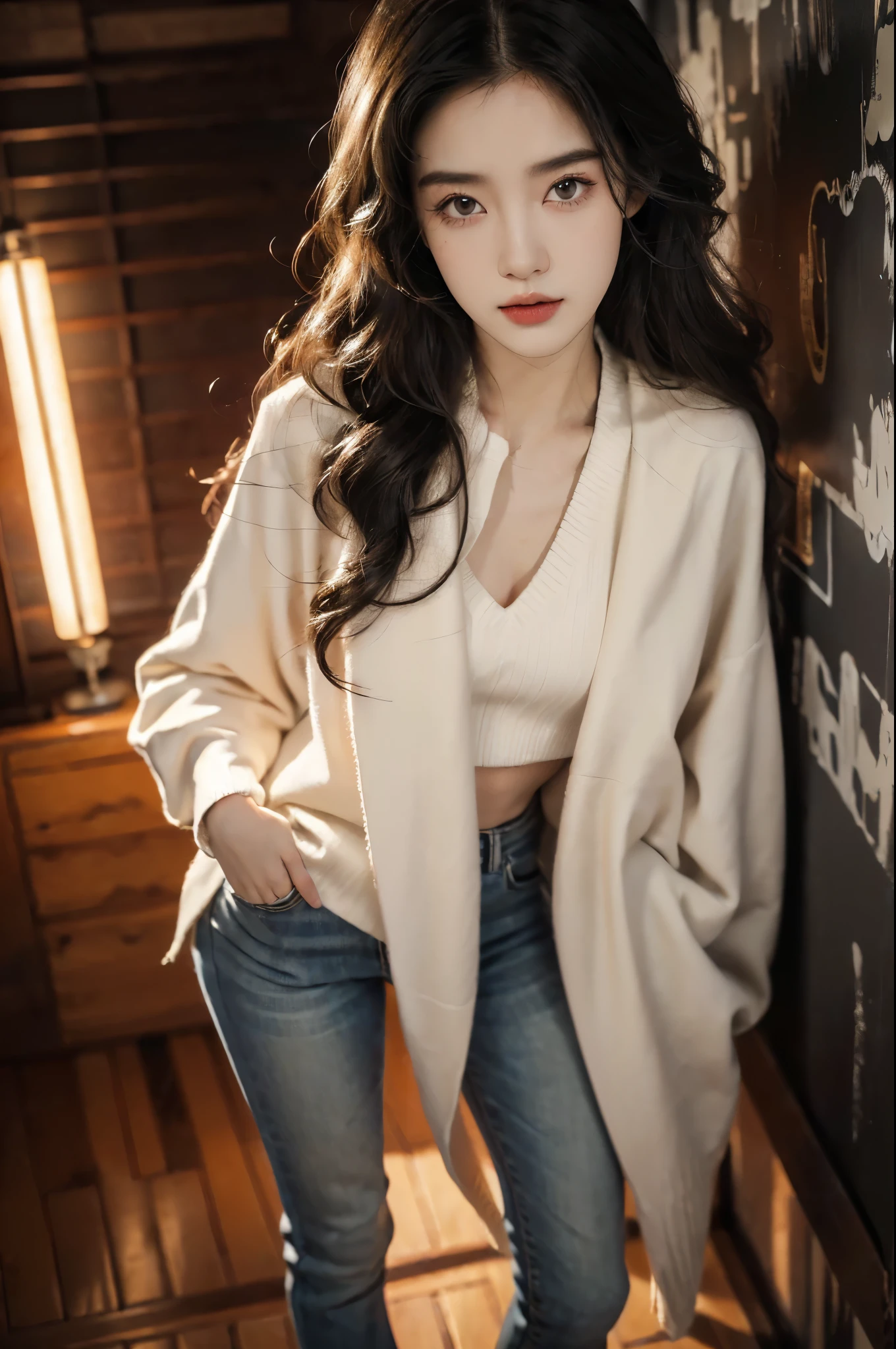 (((8k wallpaper of extremely detailed CG unit:1.2, ​masterpiece, hight resolution:1.2, top-quality:1.2, masutepiece))), ((a very beautiful woman, Hands in pockets:1.8, Grunge Fashion:1.2, Wearing a blouson:1.2, wearing skinny jeans, Wearing shoes)), ((extra detailed face, Highly detailed black eyes, extra detailed body, Top quality real texture skins)), (A dark-haired, length hair, de pele branca, Small:1.2), ((Colorful geometric patterns are painted all over the wall., Colorful wall)), (high-angle:1.2, Fisheye:1.3), hyper realisitic, digitial painting,