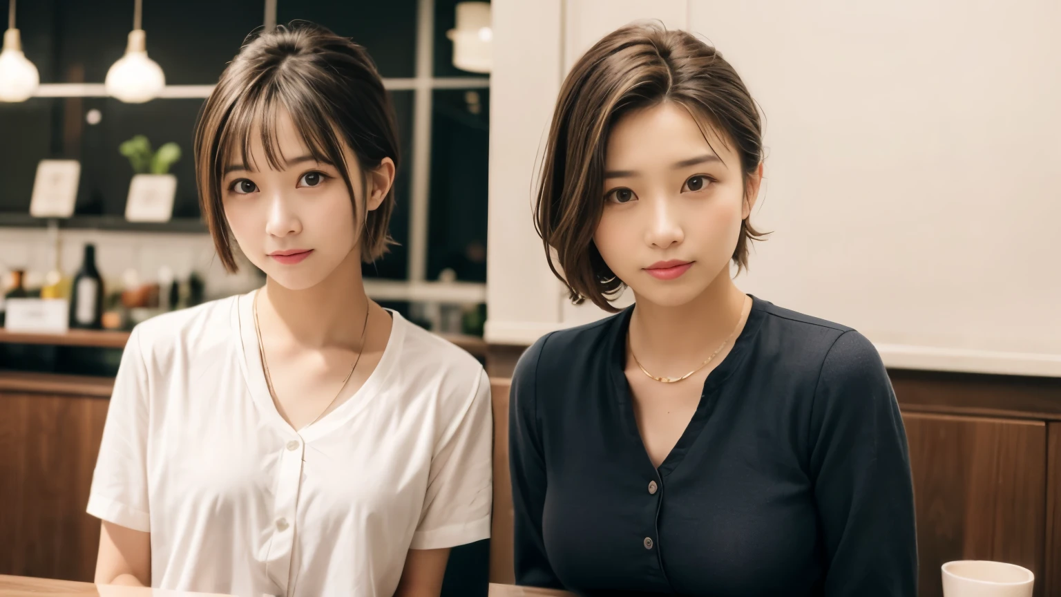 super high quality, Short Hair, Slender, Gravure photoshoot, The staff is working at the counter in the back., (8k、RAW Photos、highest quality、masterpiece:1.2), Japanese Idol, Stylish café, (Realistic、Photorealistic:1.37), Mesh Hair, Normal chest, Urban Cafe, Golden Ratio, Raw photo, Cute face , Light Brown Hair, Bright cafe interior, Blurred Background, Spring Clothes, A sweet expression, Curly Hair, Watching the audience, Beautiful hairstyle, Spoiled, Obedience, Troubled expression, Hair blowing in the wind, Neat clothes, 18-year-old, younger sister,