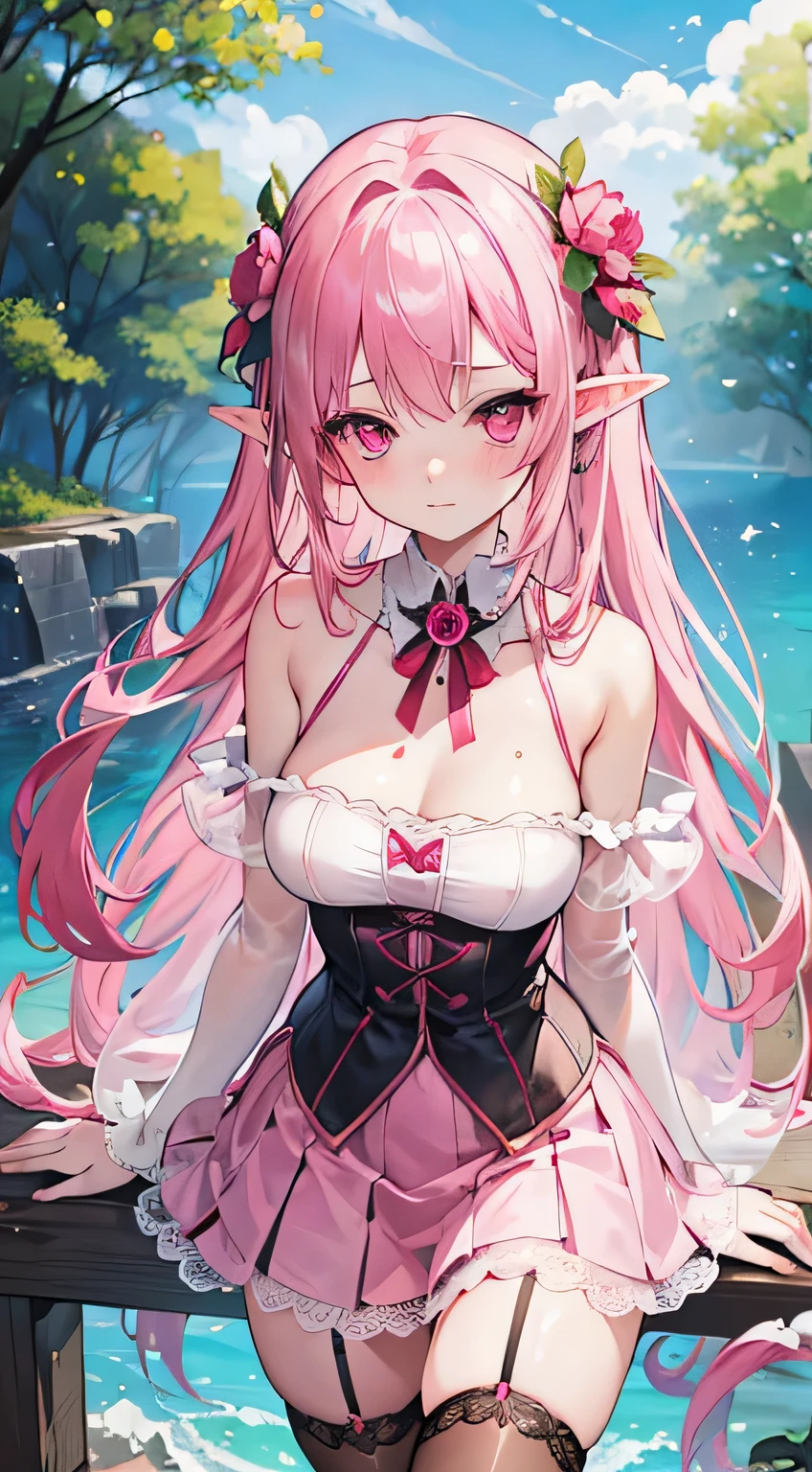 high quality, masterpiece, Very detailed,Long Hair, beautiful girl,Pink Eyes髪,Pink Eyes,chest,Shoulder Bare,Wet Pink Elf Costume,See-through,Short skirt,Black fishnet stockings,Embarrassed,Red cheeks