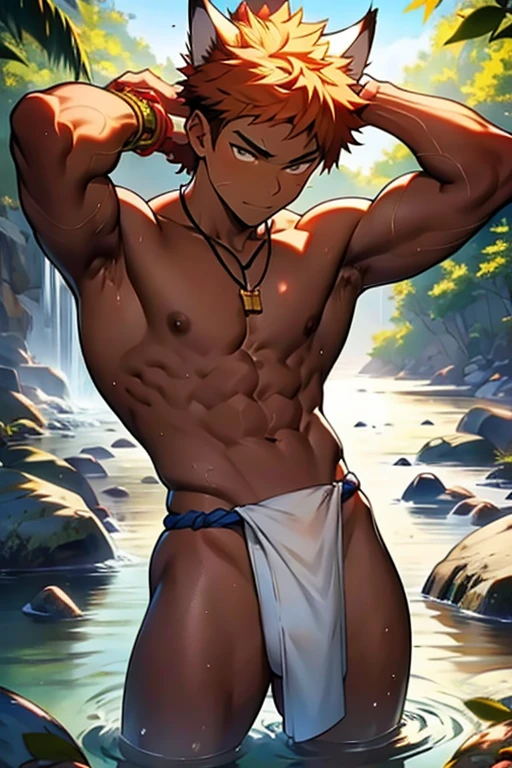 野性的なBrown skinの狼獣人の部族の細マッチョな奴隷少年、Brown skin、barefoot、barbarian、Catching fish in the river、Ankle Accessories、Wolf Ears、Wearing an ivory necklace、Wearing a loincloth、Short Hair、Tattered Loincloth、Iron Collar、back
