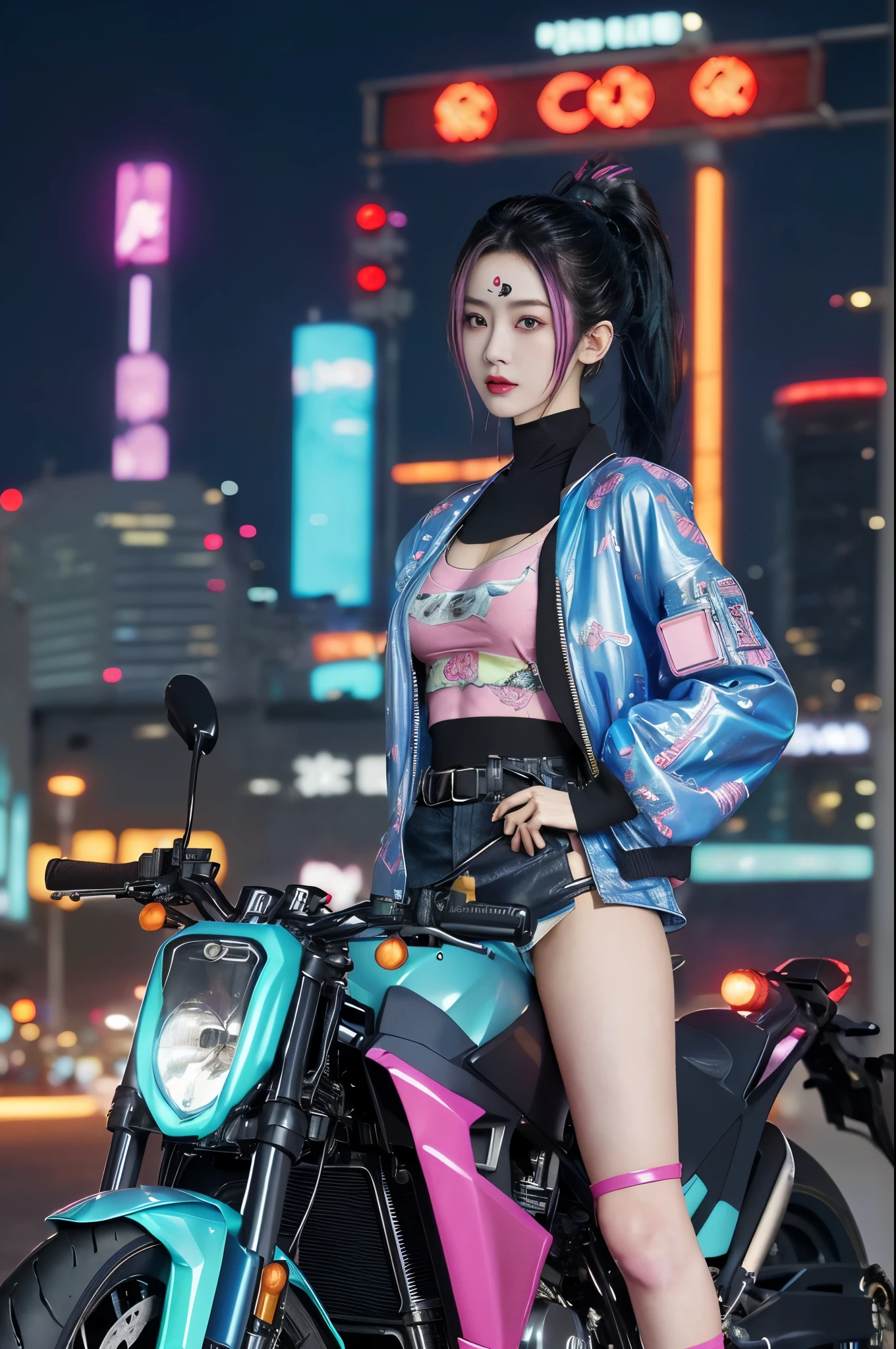 masutepiece, Best Quality, Confident cyberpunk girl, Full body shot, ((Stand in front of the motorcycle)), Pop costumes inspired by Harajuku, Bold colors and patterns, Eye-catching accessories, Trendy and innovative hairstyles, Bright makeup, Cyberpunk dazzling cityscape, Skyscrapers, neon signs, led lights, Bright and vivid color scheme, Anime, Illustration, Detailed skin texture, Detailed Cloth Texture, beautifull detailed face, Intricate details, ultra-detailliert.