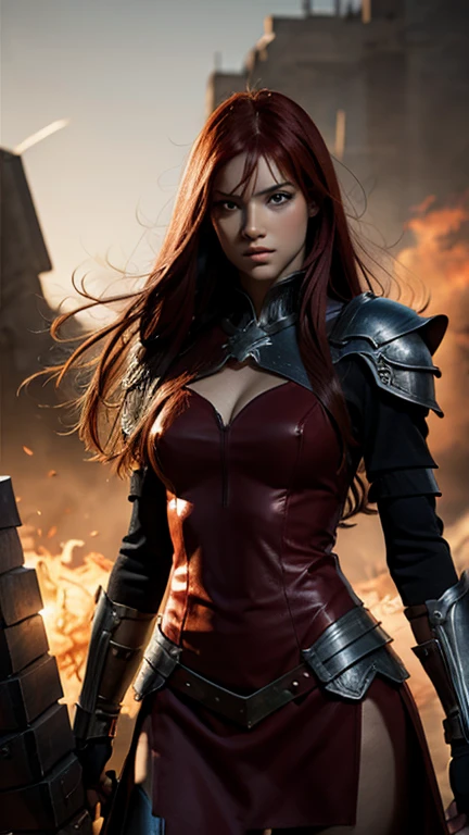(best quality, realistic:1.37),professional photo,Erza Scarlet,beautiful detailed eyes,amazing detailed hair,strong and fierce expression,armor,red hair,fiery personality,detailed costume,warrior,cool pose,in a dark and intense environment,dynamic lighting,sharp focus,vivid colors,fantasy art