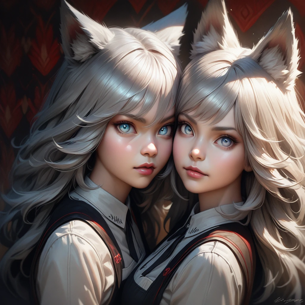 best quality, ultra detailed, photorealistic: 1.37, vibrant and realistic colors, intricate and fascinating details, soft brushstrokes on canvas, harmonious color palette, high resolution, expertly shaded, wolf boy, wolf woman, duo , fierce expressions, long fluffy silver hair, beautiful detailed eyes, gorgeous detailed lips, provocative looks, waitress outfit, professional rendering, fine details in clothes, fluffy tail, expressive body language, wallpaper, subtle texture, sharp lines and contrast, elegant poses, eyes that captivate the viewer, charged with emotion, compelling atmosphere, striking composition, strong emphasis on the wolf's features, graceful movement, silvery tones, soft lighting, eyes that pierce the soul