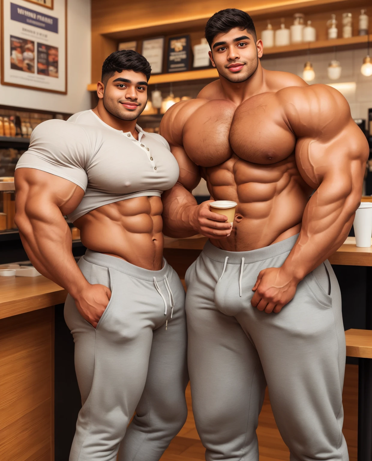 4 meter tall slightly overweight indian men. 20 years old. ish Young hairless fresh face. In london with friend. Very sexy ing for camera. Muscular. Wearing a henley and tight sweat pants. Big ass. Smo body and face. Belly seen. Long long legs. Visible crotch. Rubbing pecs. Buying coffee from the hands of a sexy woman.